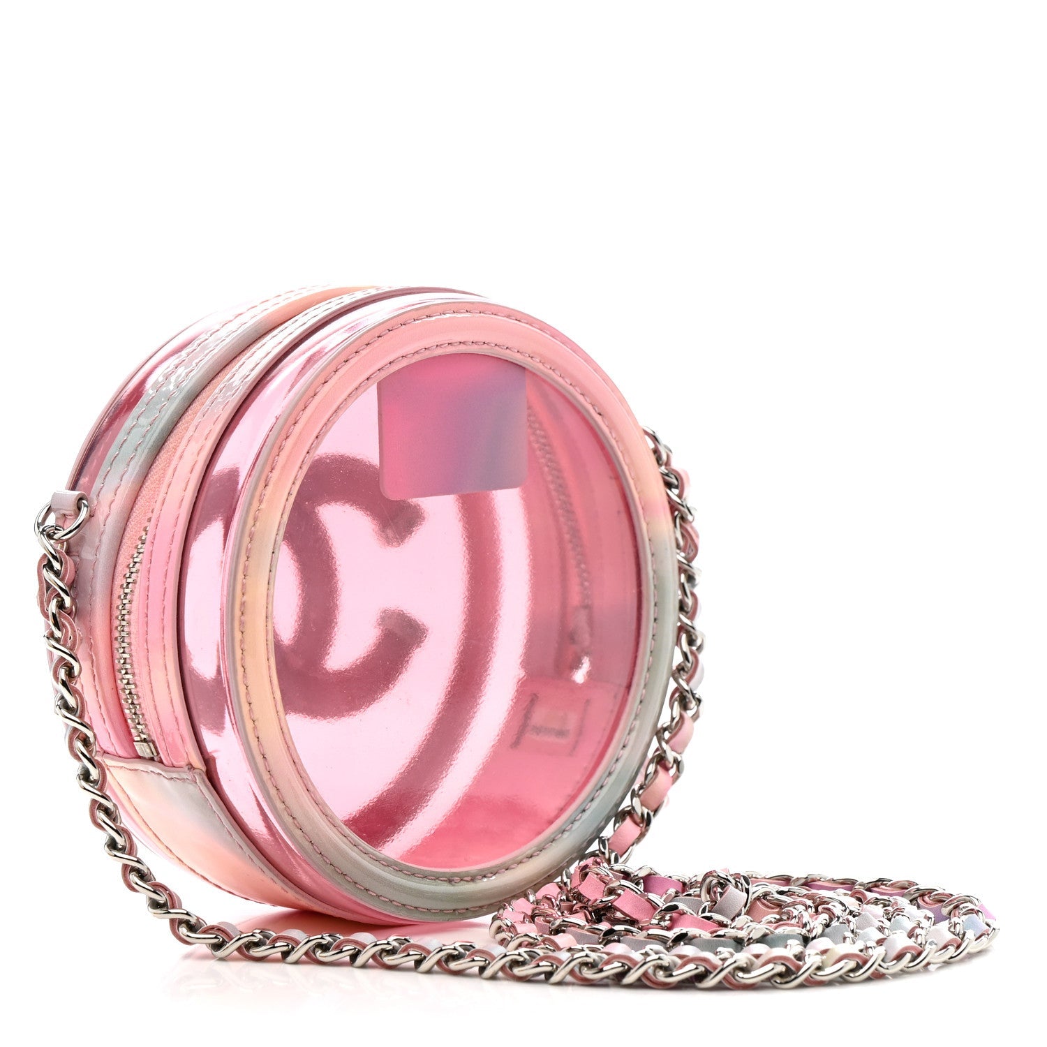 PVC Lambskin Filigree Round Clutch With Chain Pink