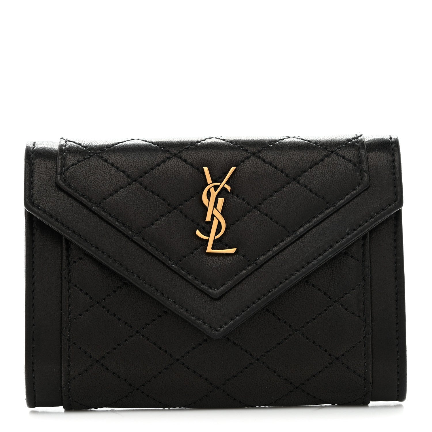 Lambskin Quilted Monogram Gaby Small Envelope Wallet Black
