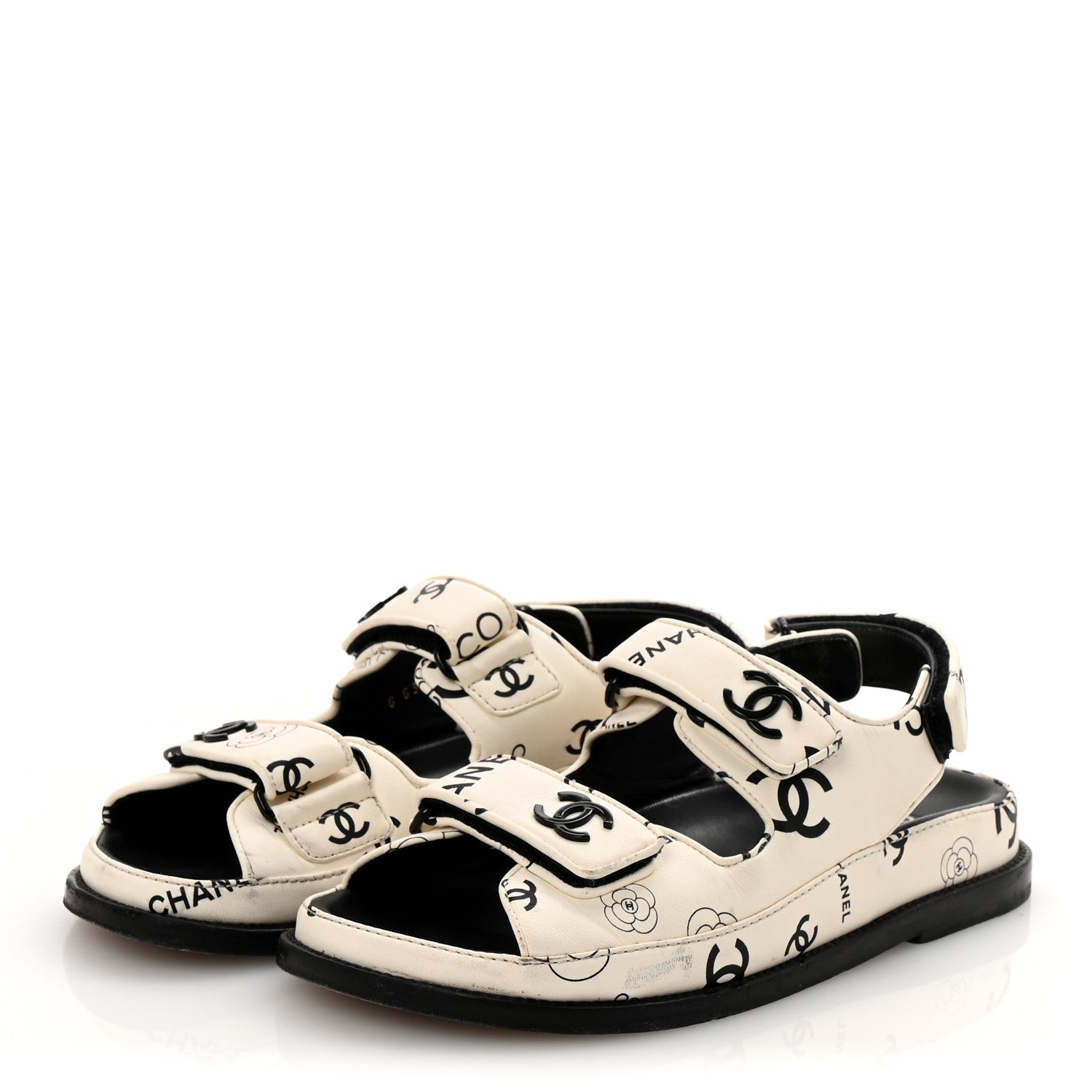 Lambskin Printed CC Velcro Dad Sandals 36 White Black