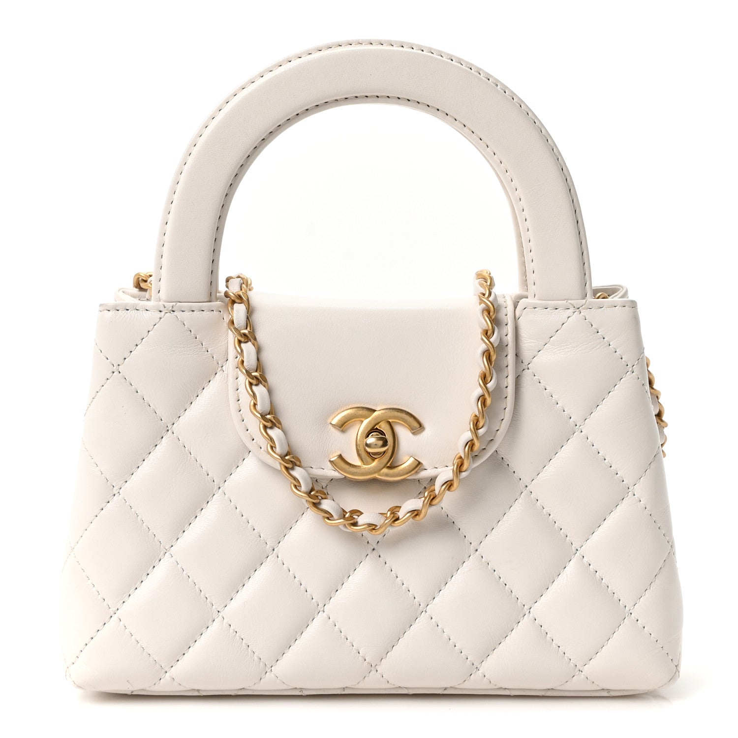Shiny Aged Calfskin Quilted Nano Kelly Shopper White