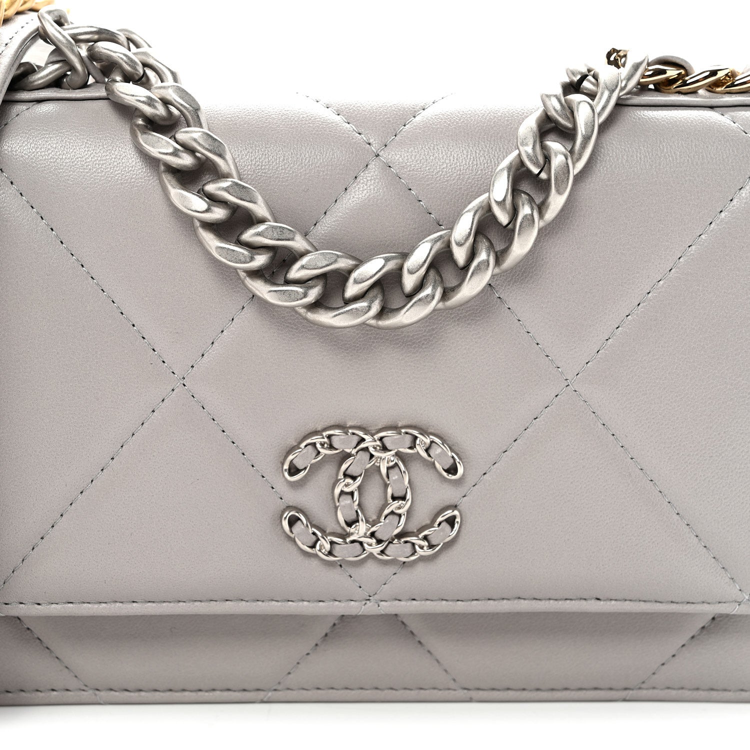 Lambskin Quilted Chanel 19 Wallet On Chain WOC Grey
