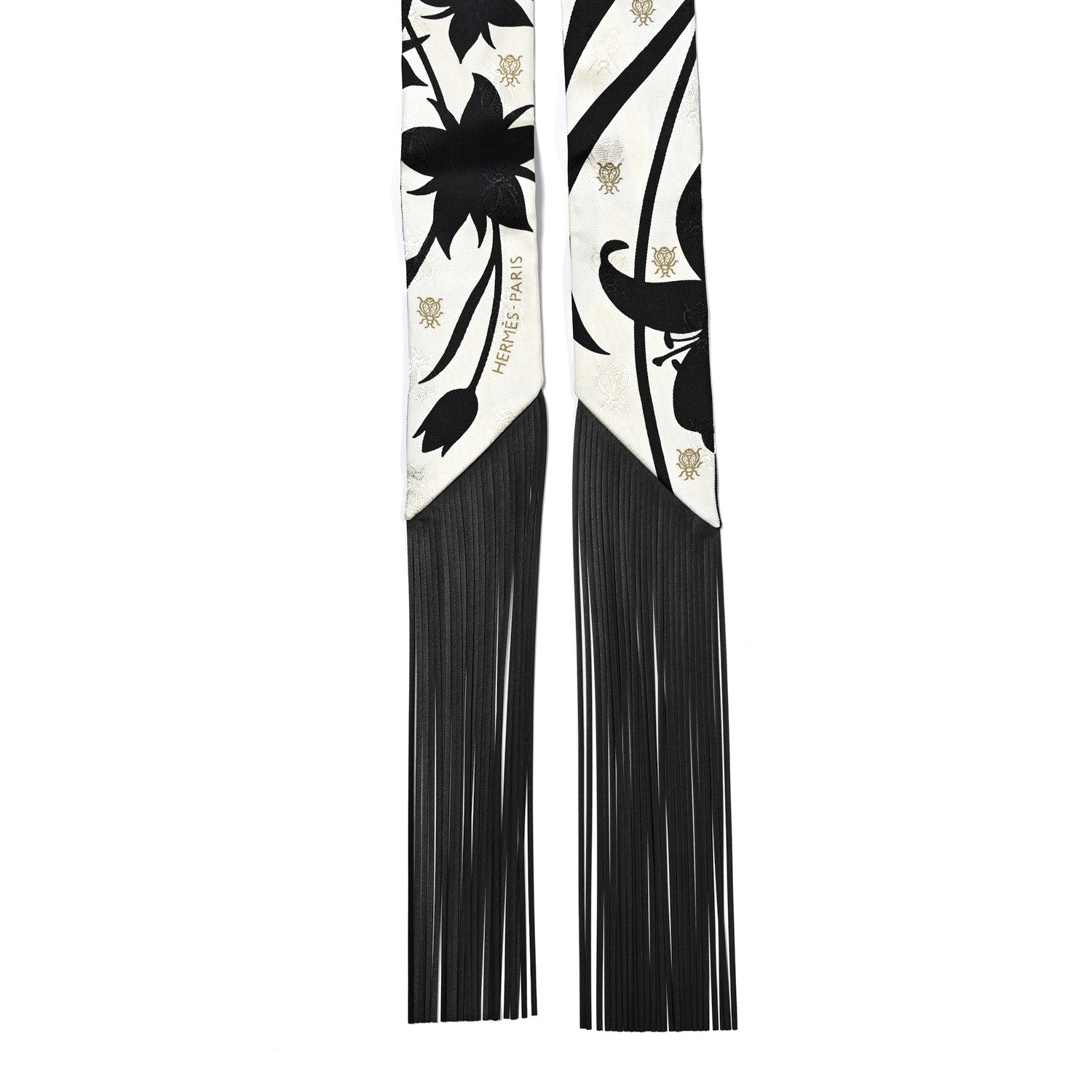 Silk Calfskin Bouquet Final Fringed Twilly Creme Black