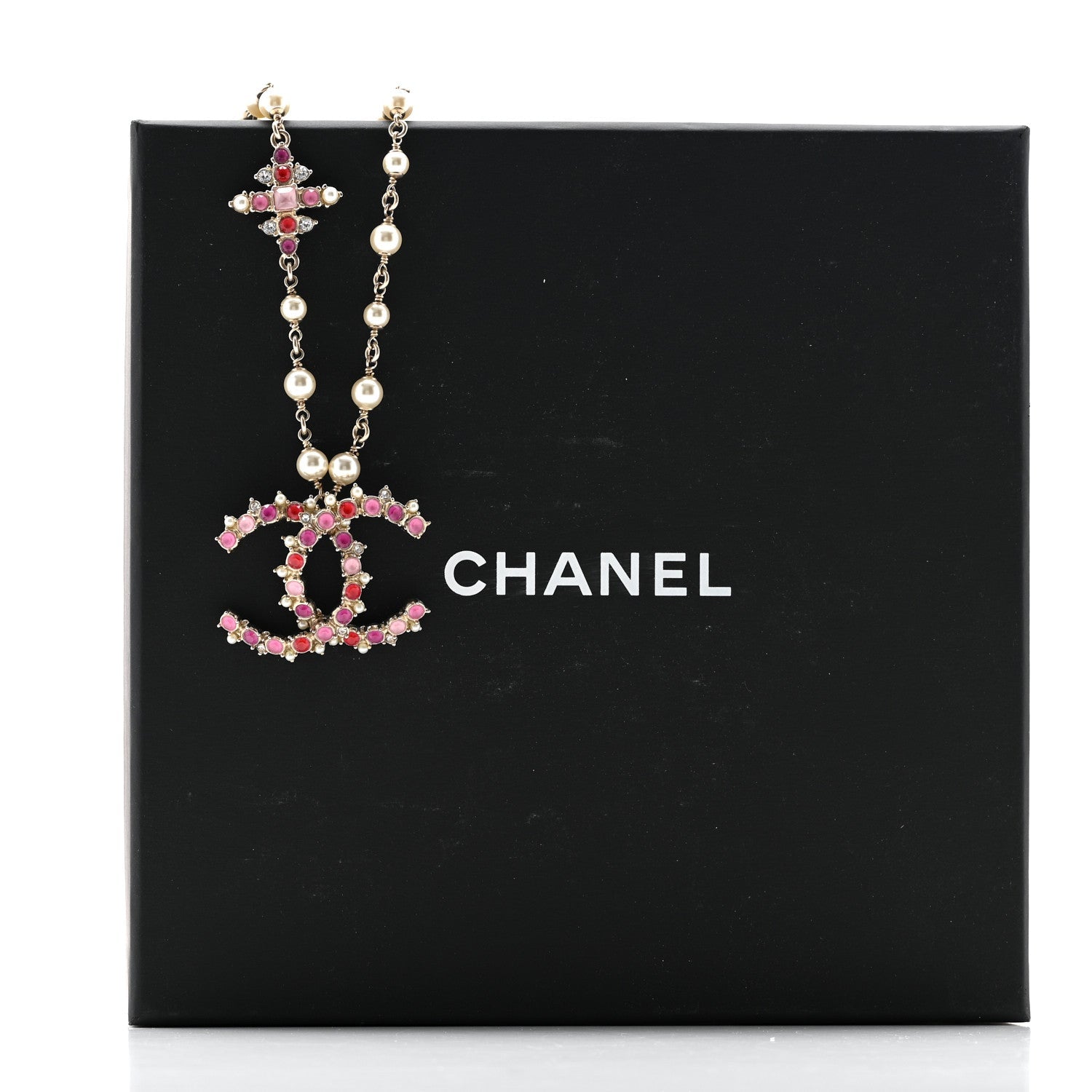Pearl Crystal Beaded CC Pendant Necklace Gold Pink