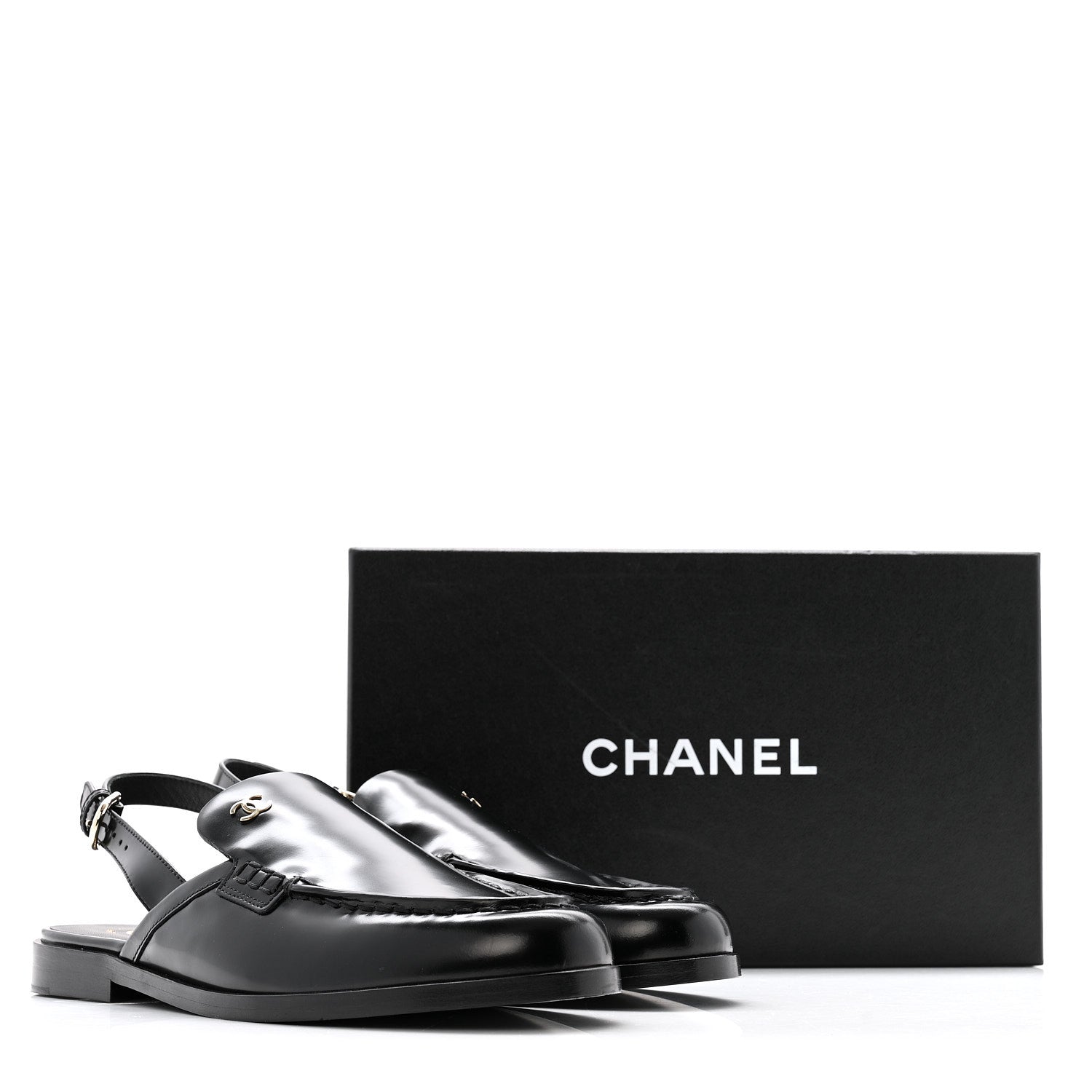 Shiny Calfskin Slingback Loafers 39 Black