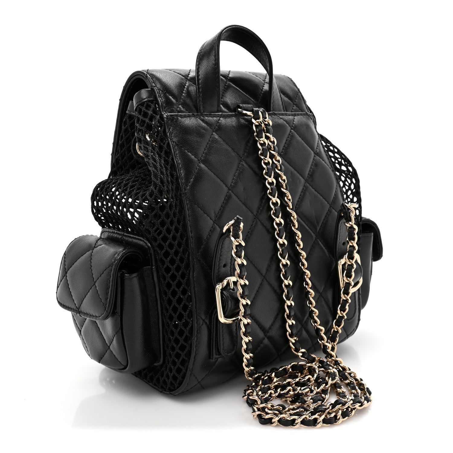 Shiny Lambskin Mesh Quilted Small Cargo Duma Drawstring Backpack Black