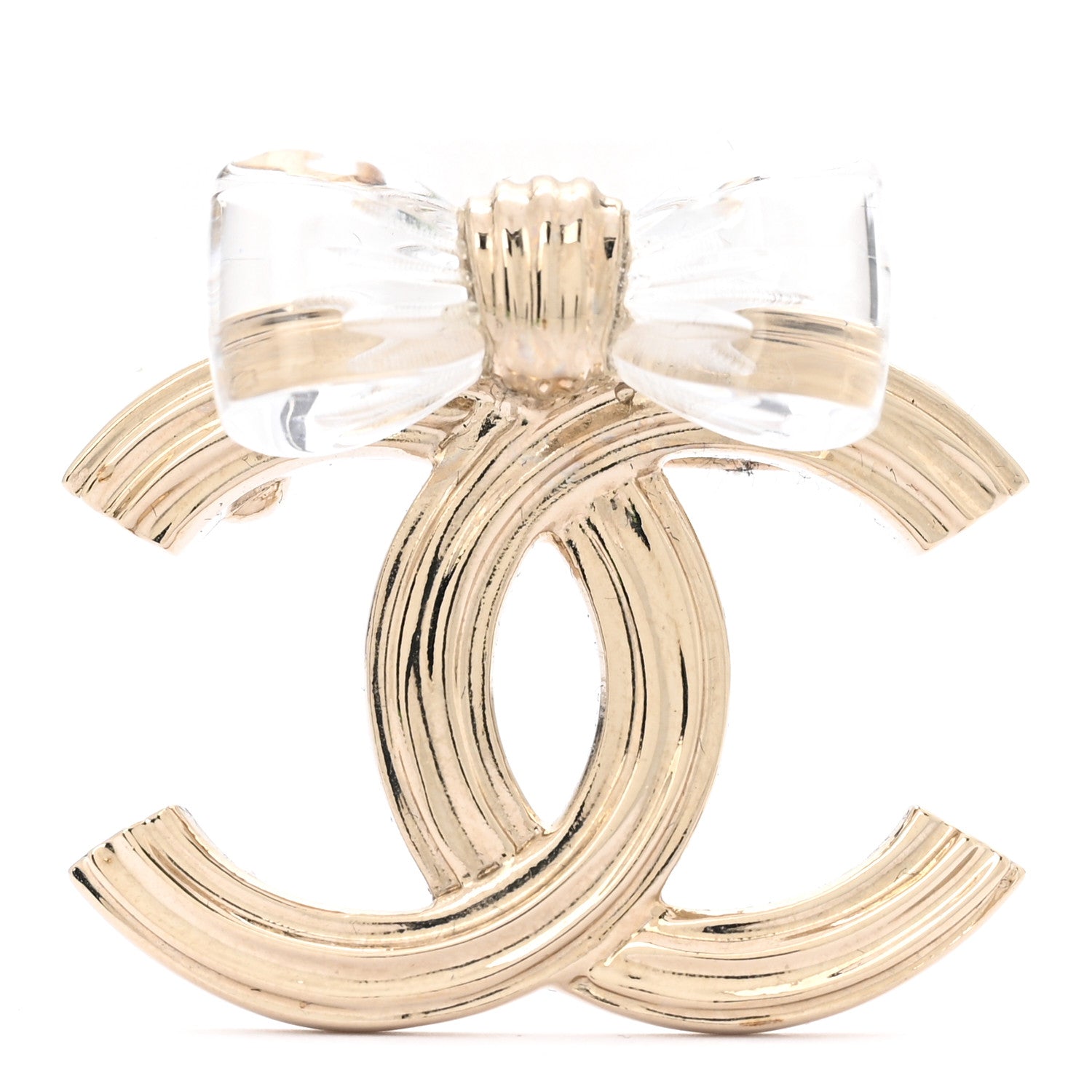 Metal Resin Bow Striated CC Brooch Gold