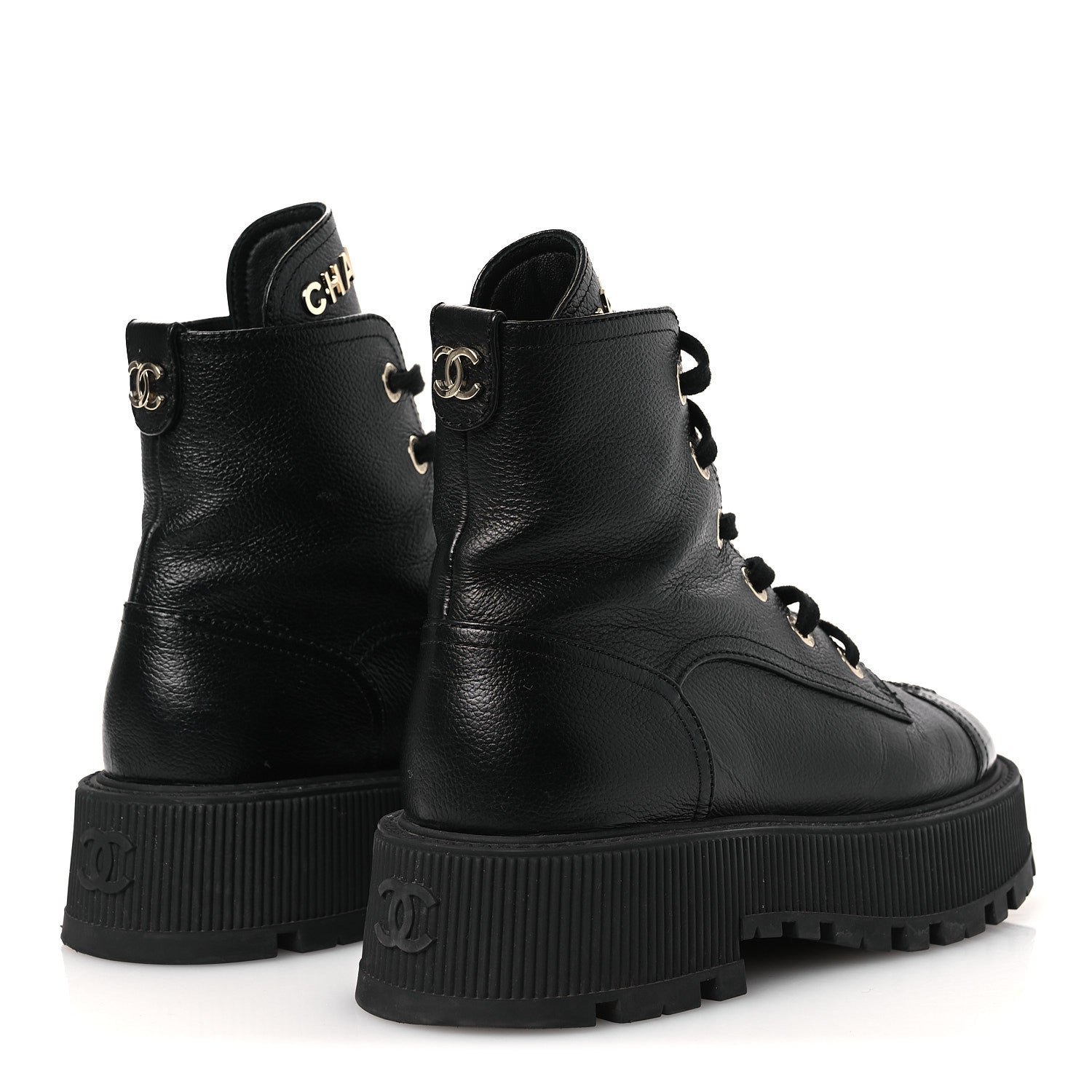 Grained Calfskin Shiny Calfskin CC Lace Up Combat Boots 37.5 Black