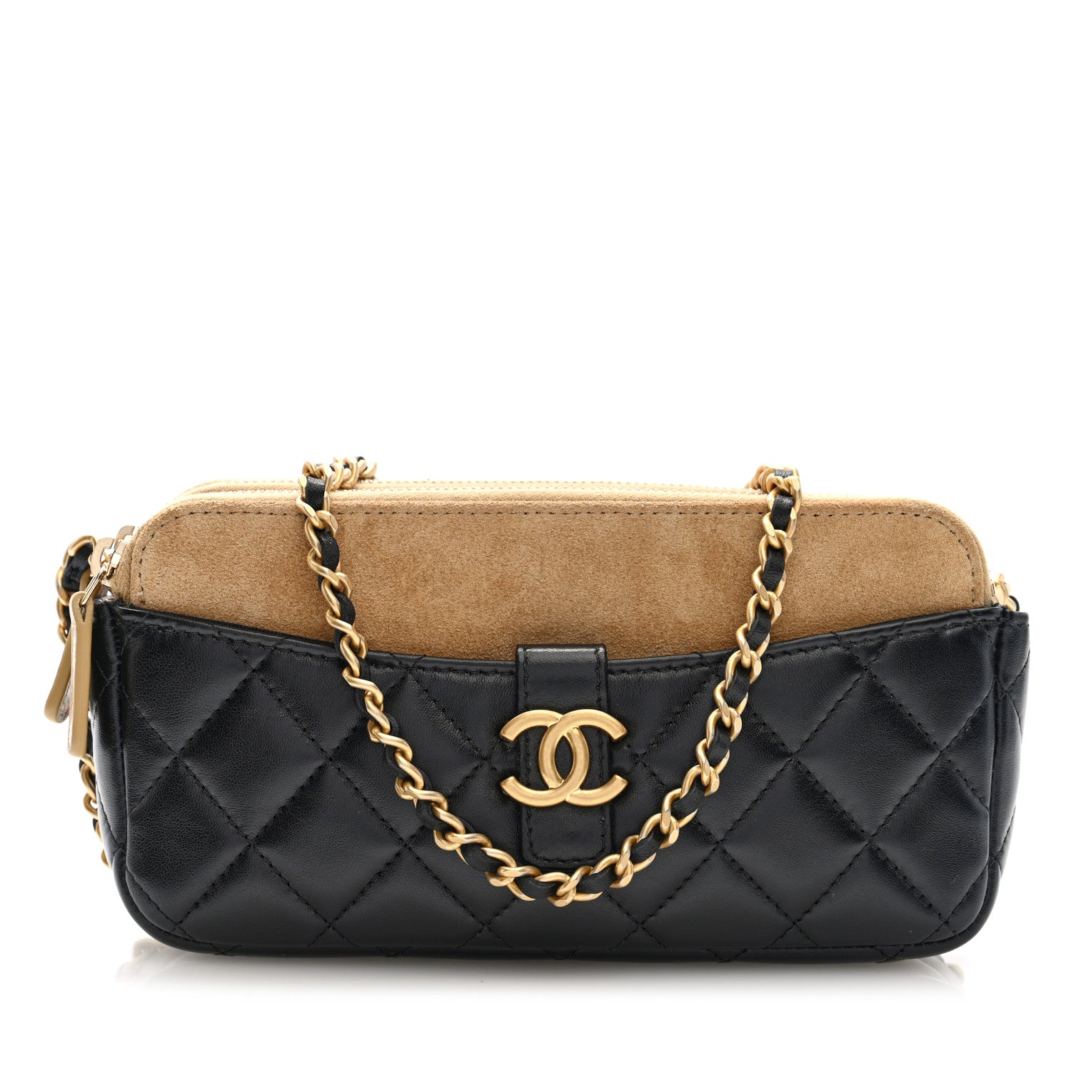 Suede Shiny Lambskin Quilted Phone Holder With Chain Black Beige