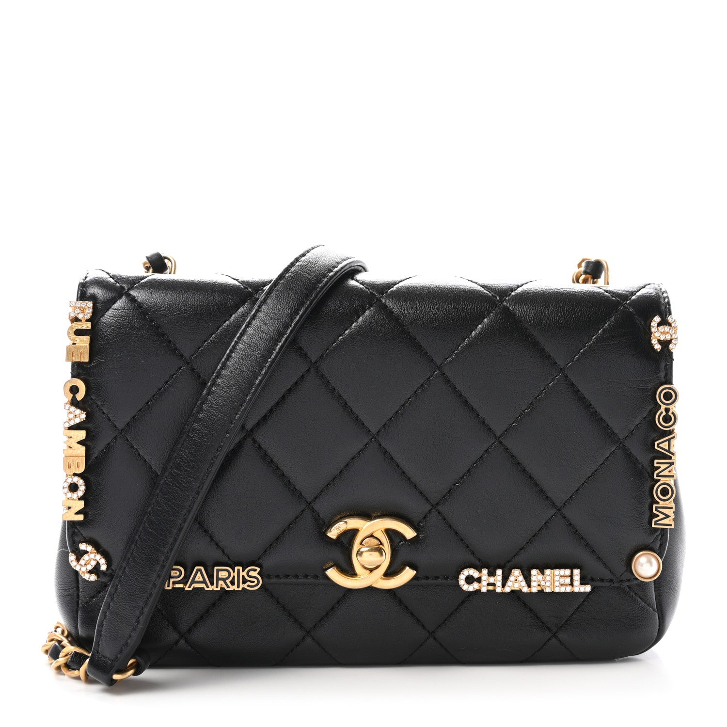 Lambskin Enamel Strass Quilted Mini Paris Monaco Flap Black