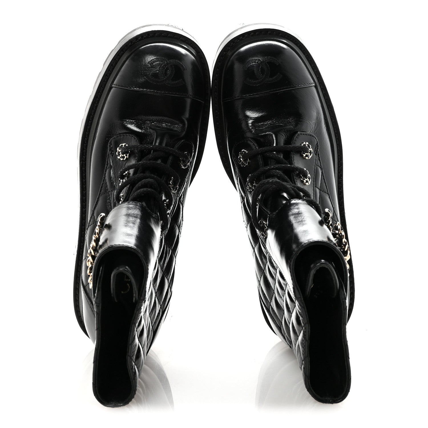 Shiny Calfskin Quilted Lace Up Combat Boots 37.5 Black