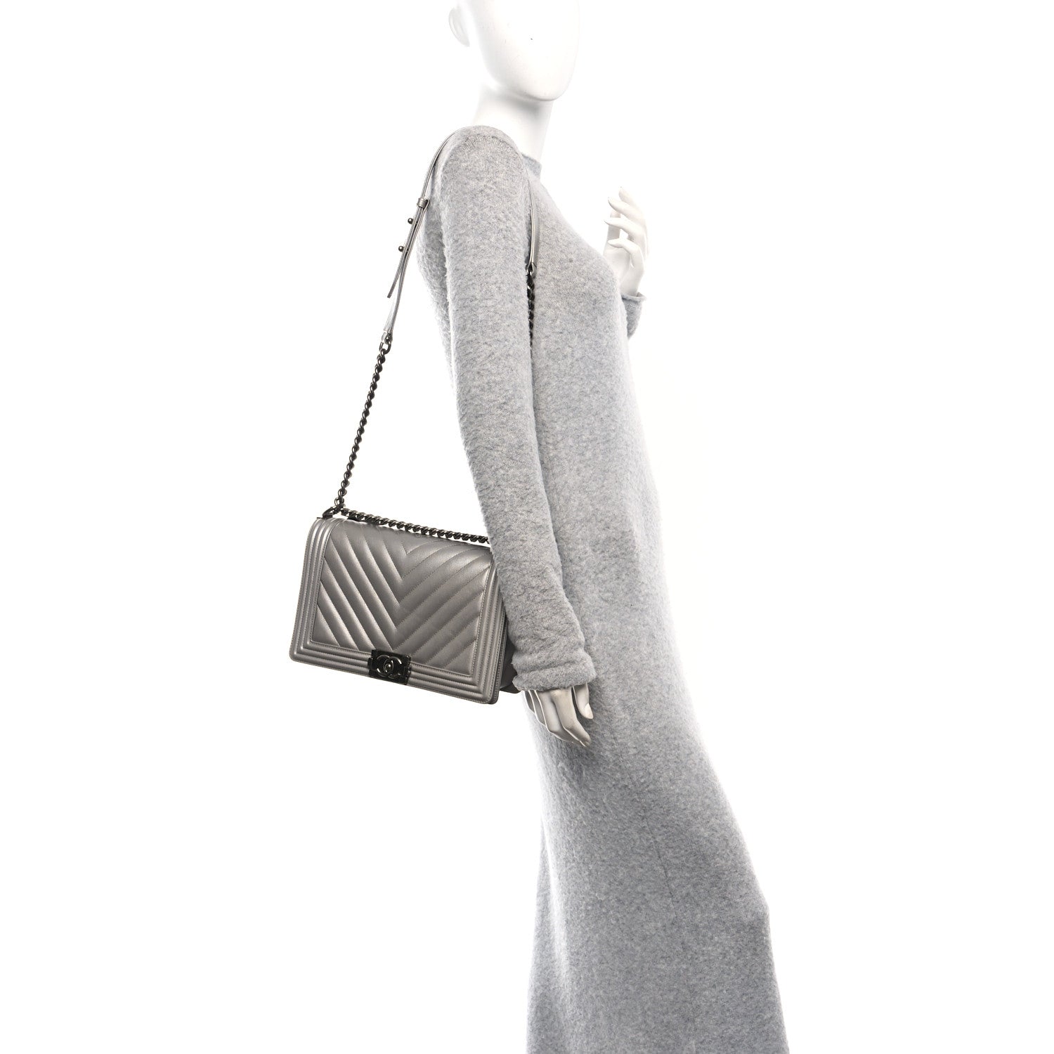 Metallic Caviar Chevron Quilted New Medium Boy Flap Silver