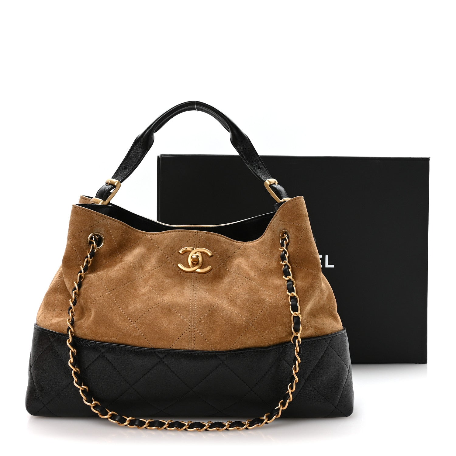 Suede Calfskin Shiny Lambskin Quilted Small Coco Base Shopping Bag Beige Black