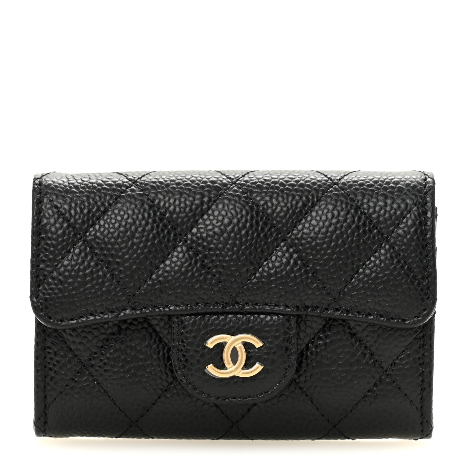 Caviar Quilted Flap Card Holder Wallet Black