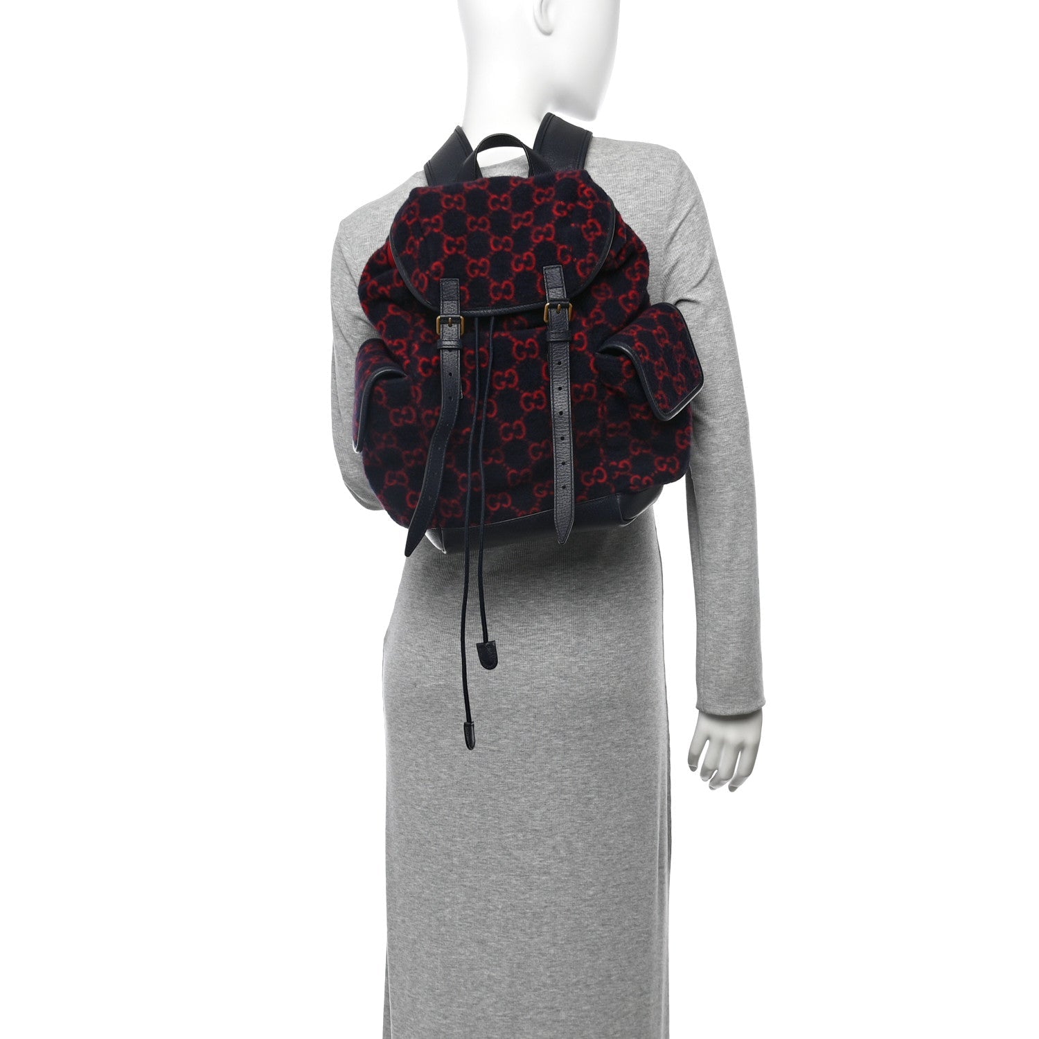 Covered Wool GG Monogram Small Double Buckle Backpack Navy Red