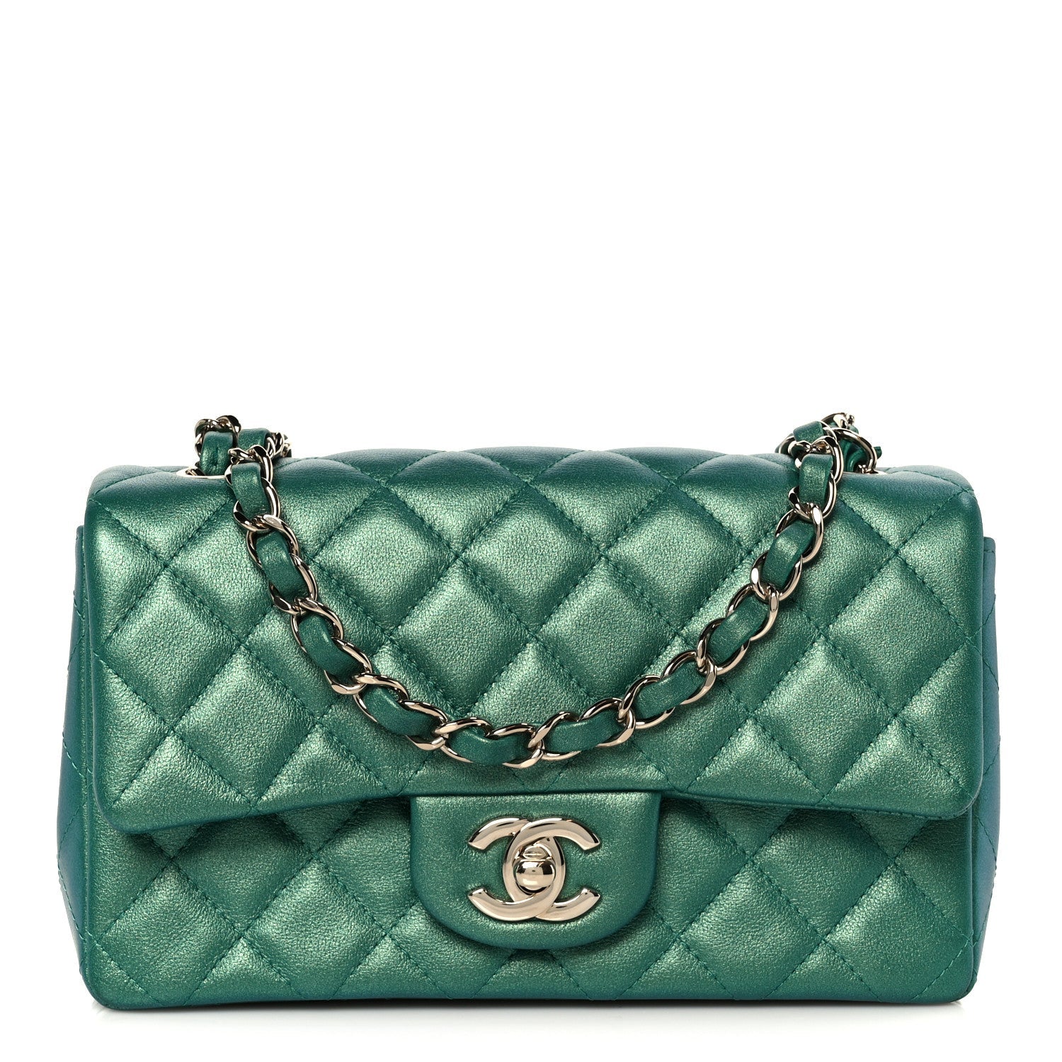 Iridescent Lambskin Quilted Mini Rectangular Flap Green