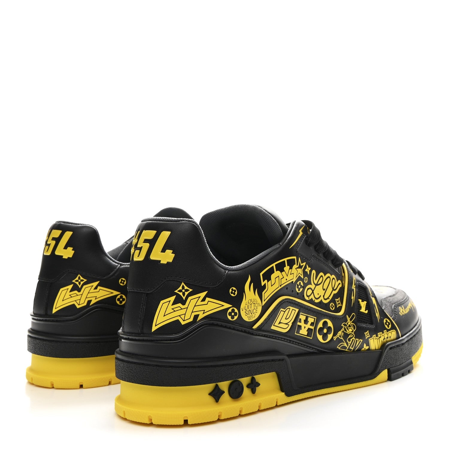 Calfskin Graffiti Mens LV Trainer Sneakers 8 Black Yellow