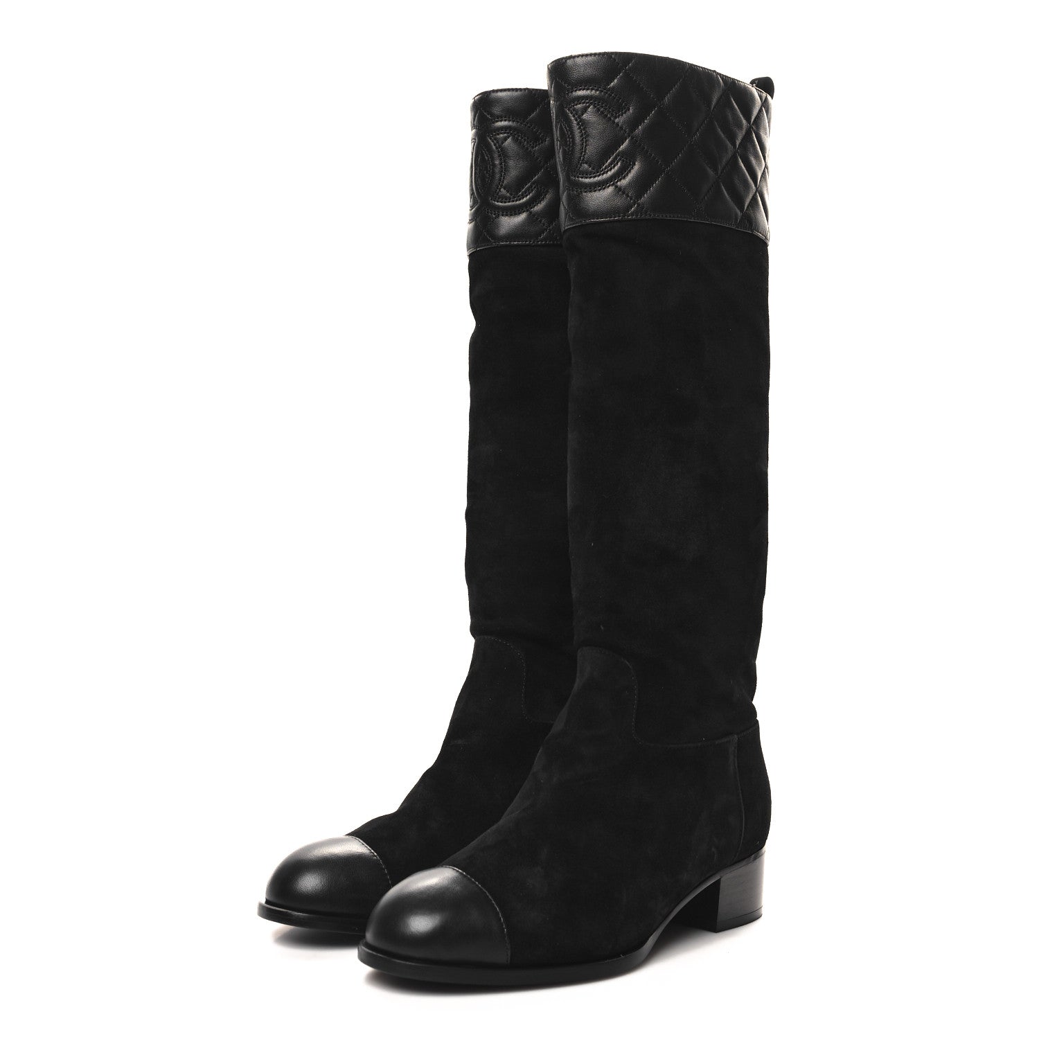 Suede Calfskin Lambskin Quilted Knee High Boots 37 Black