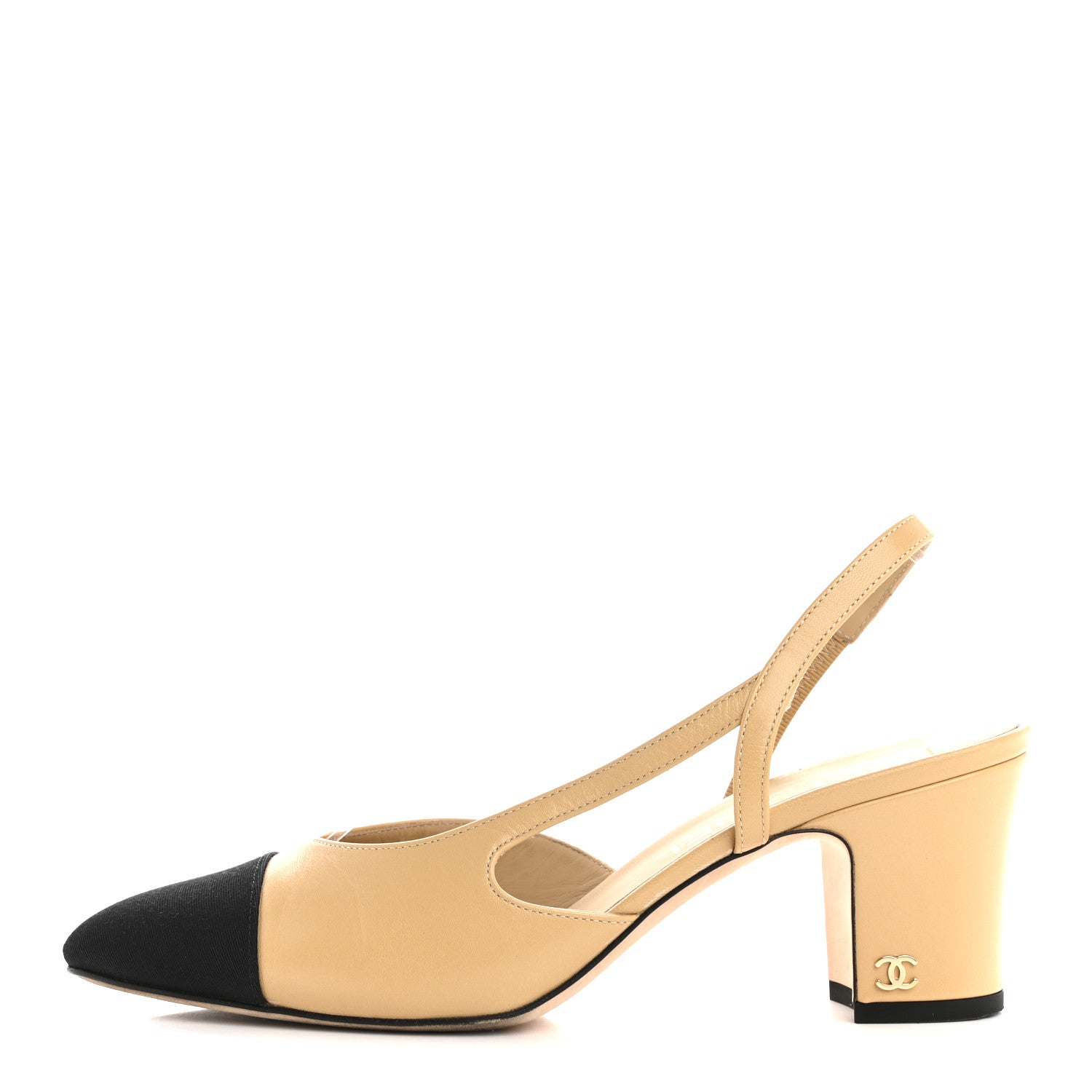Goatskin Grosgrain Cap Toe CC Slingback Pumps 37.5 Beige Black