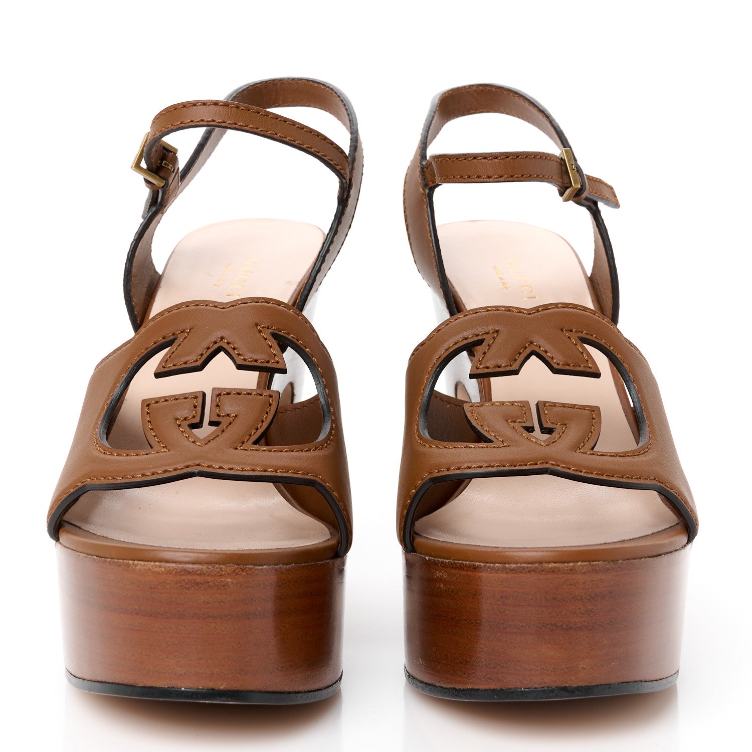 Cosmos Softy Calfskin Wooden Interlocking G Cut-Out 30/120mm Platform Sandals 40 Cuir