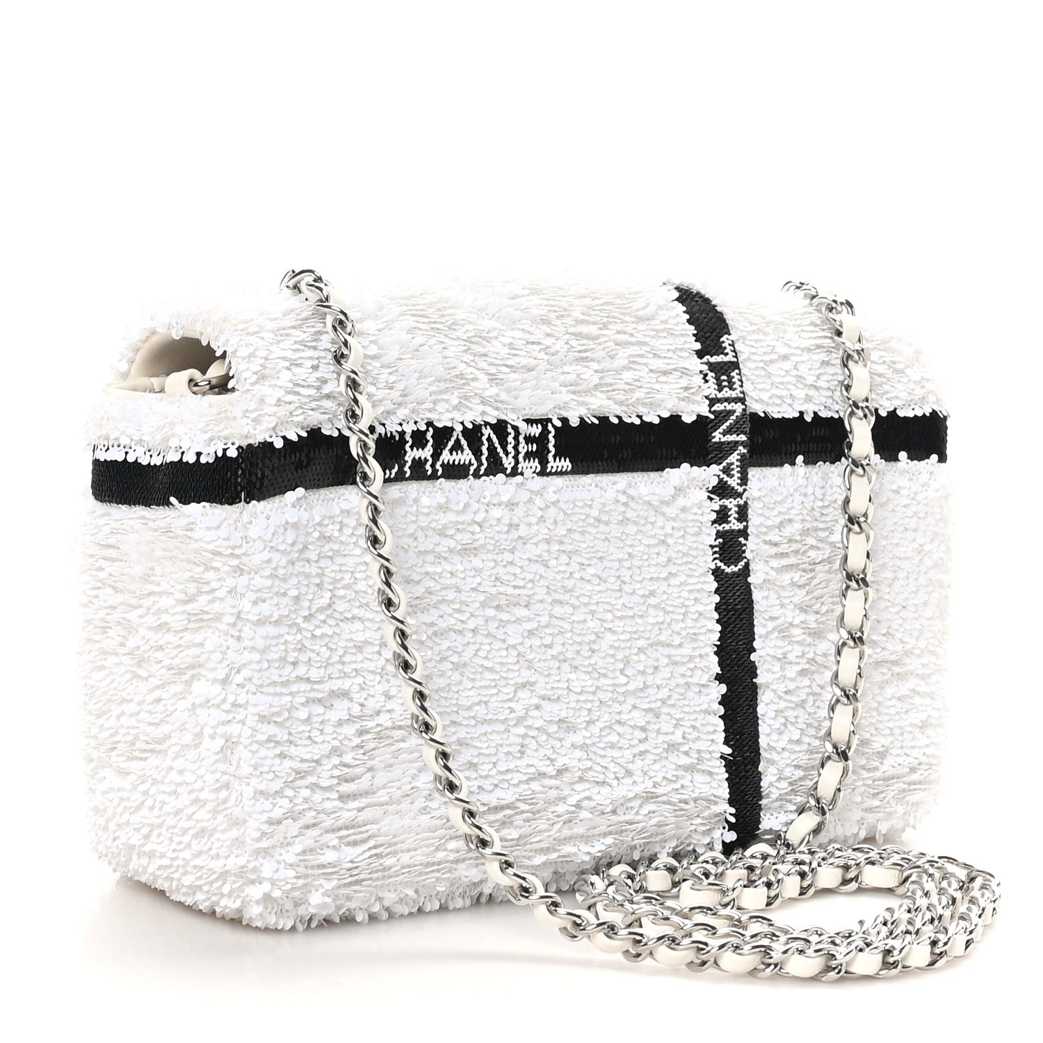 Sequin Ribbon Mini Rectangular Flap White Black