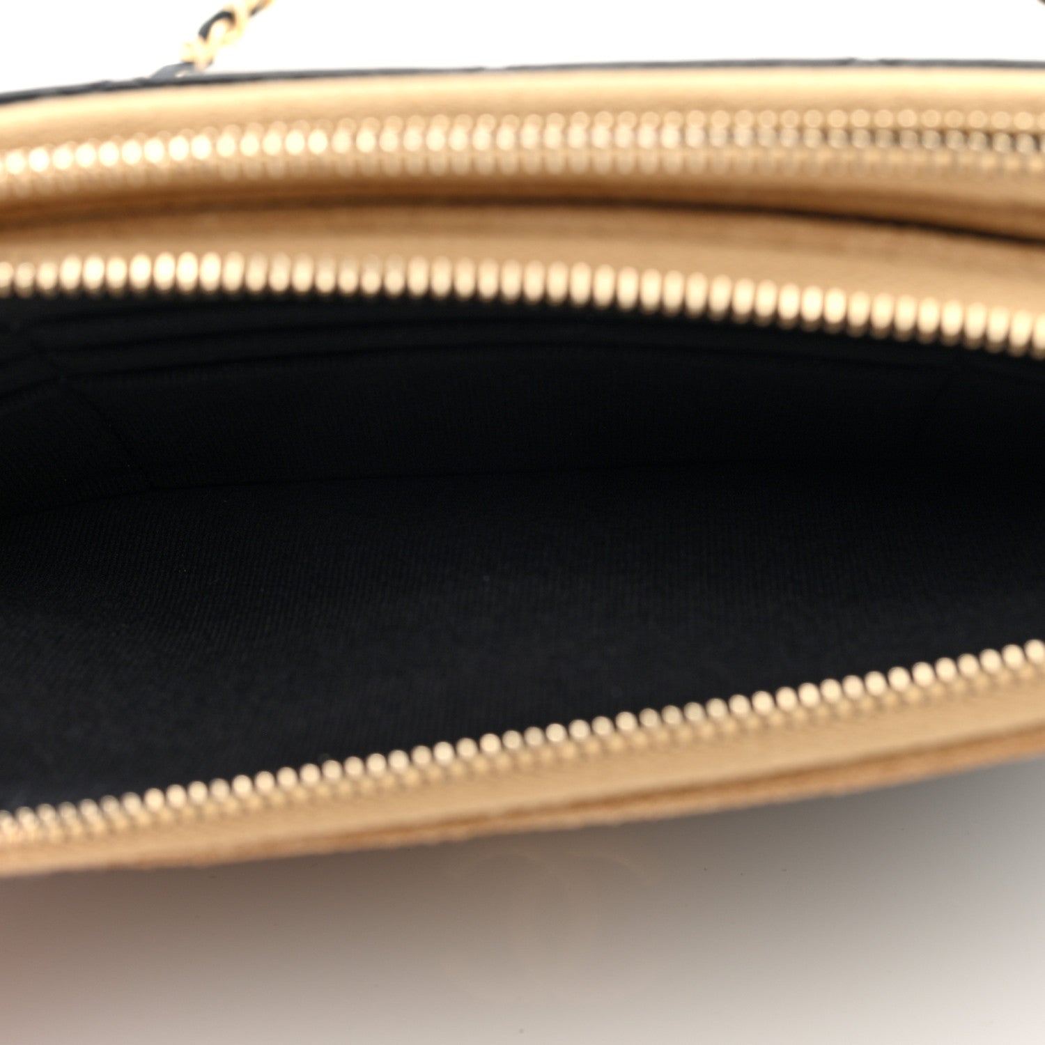 Suede Shiny Lambskin Quilted Phone Holder With Chain Black Beige
