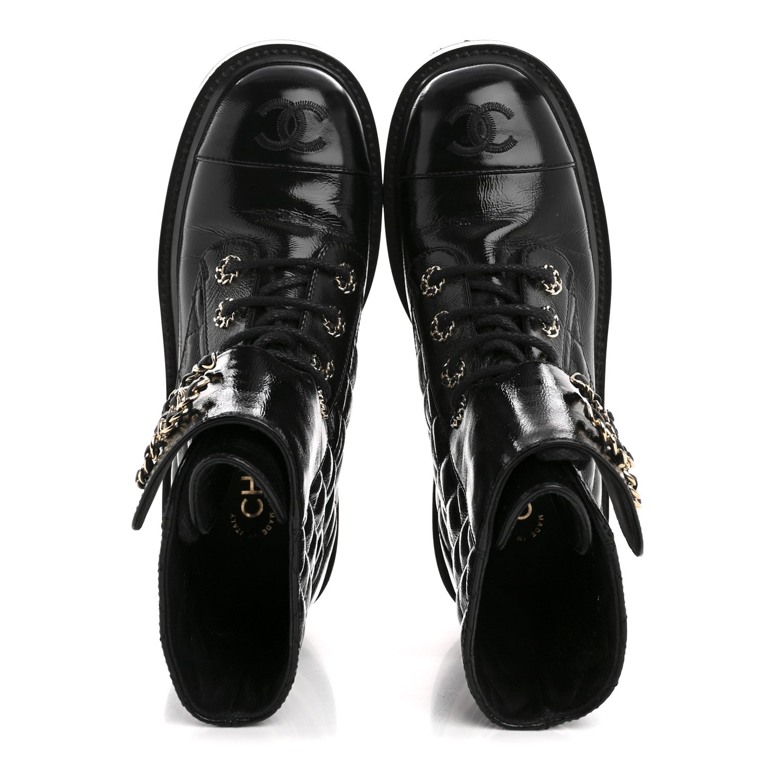 Shiny Goatskin Calfskin Quilted Lace Up Combat Boots 36.5 Black