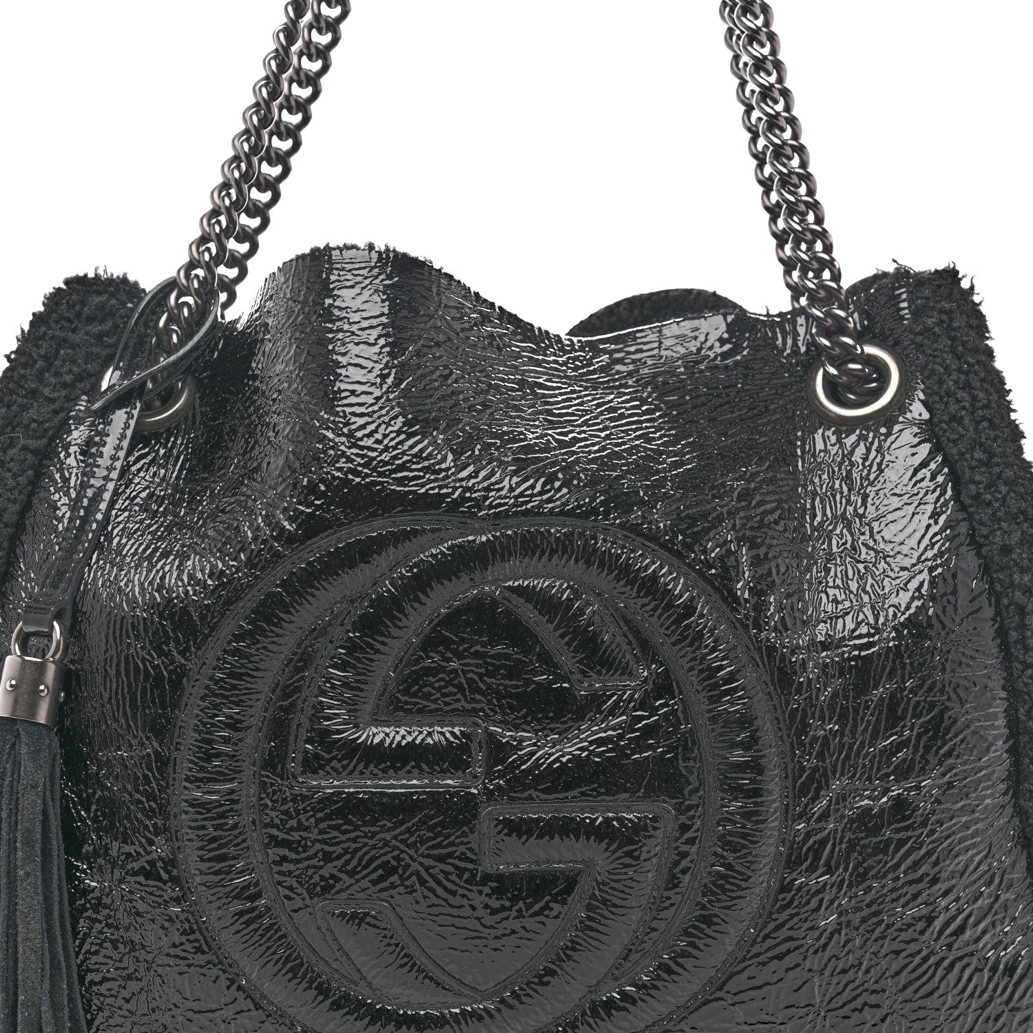 Patent Shearling Medium Soho Chain Shoulder Bag Black