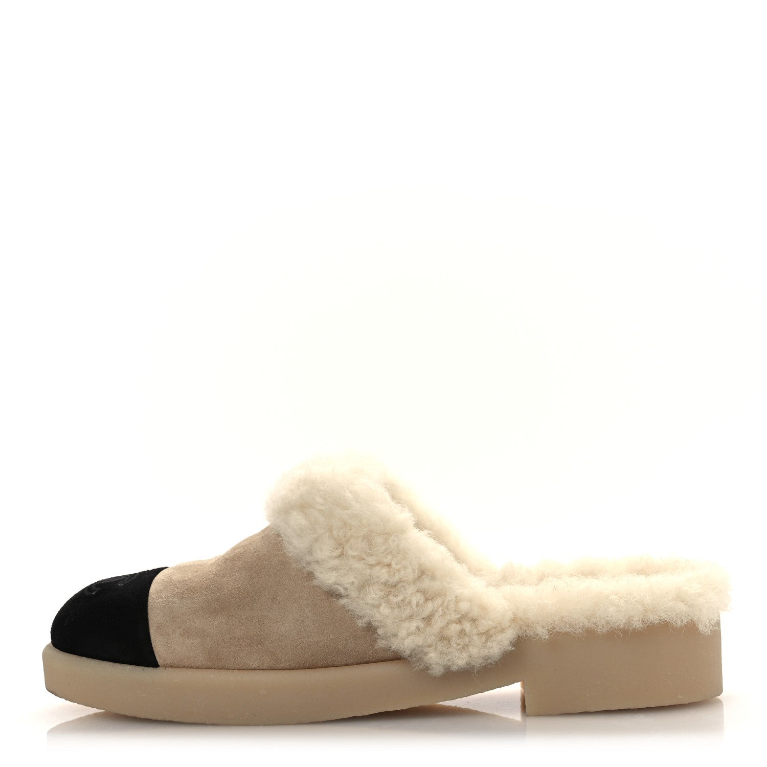 Suede Shearling CC Cap Toe Mules 38.5 Beige Black