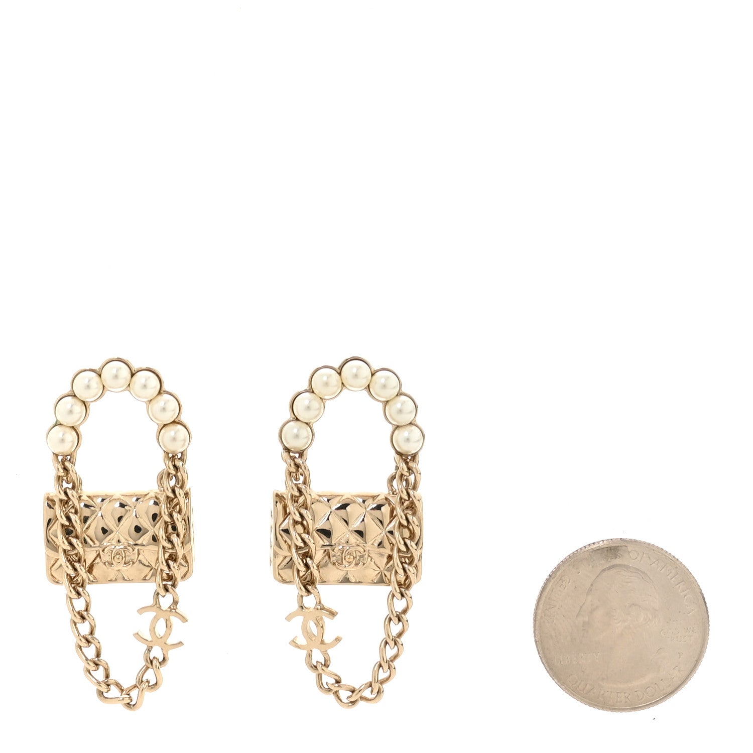 Metal Pearl Quilted CC Flap Bag Earrings Gold