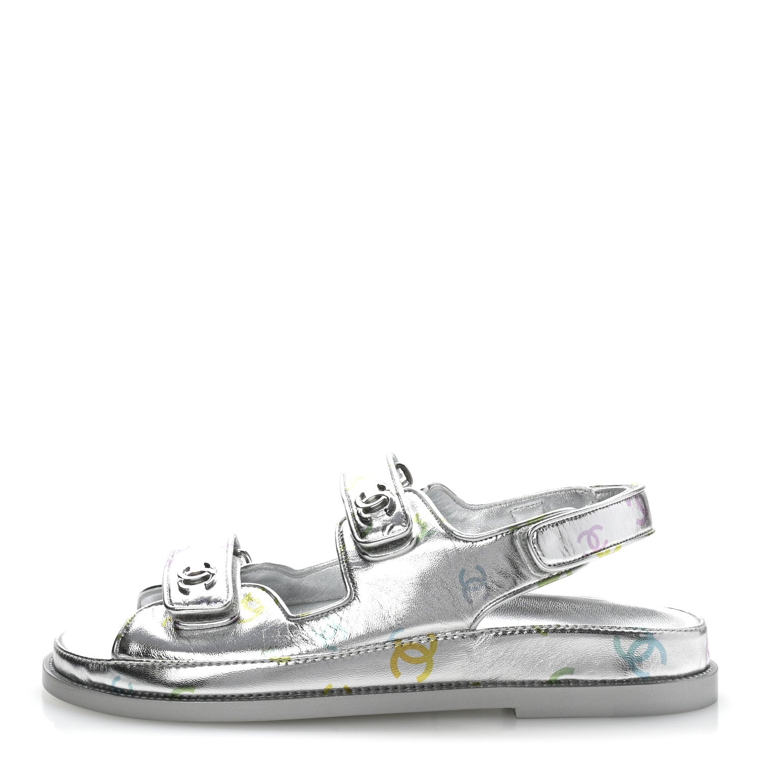 Laminated Lambskin Printed CC Dad Sandals 40 Silver Multicolor