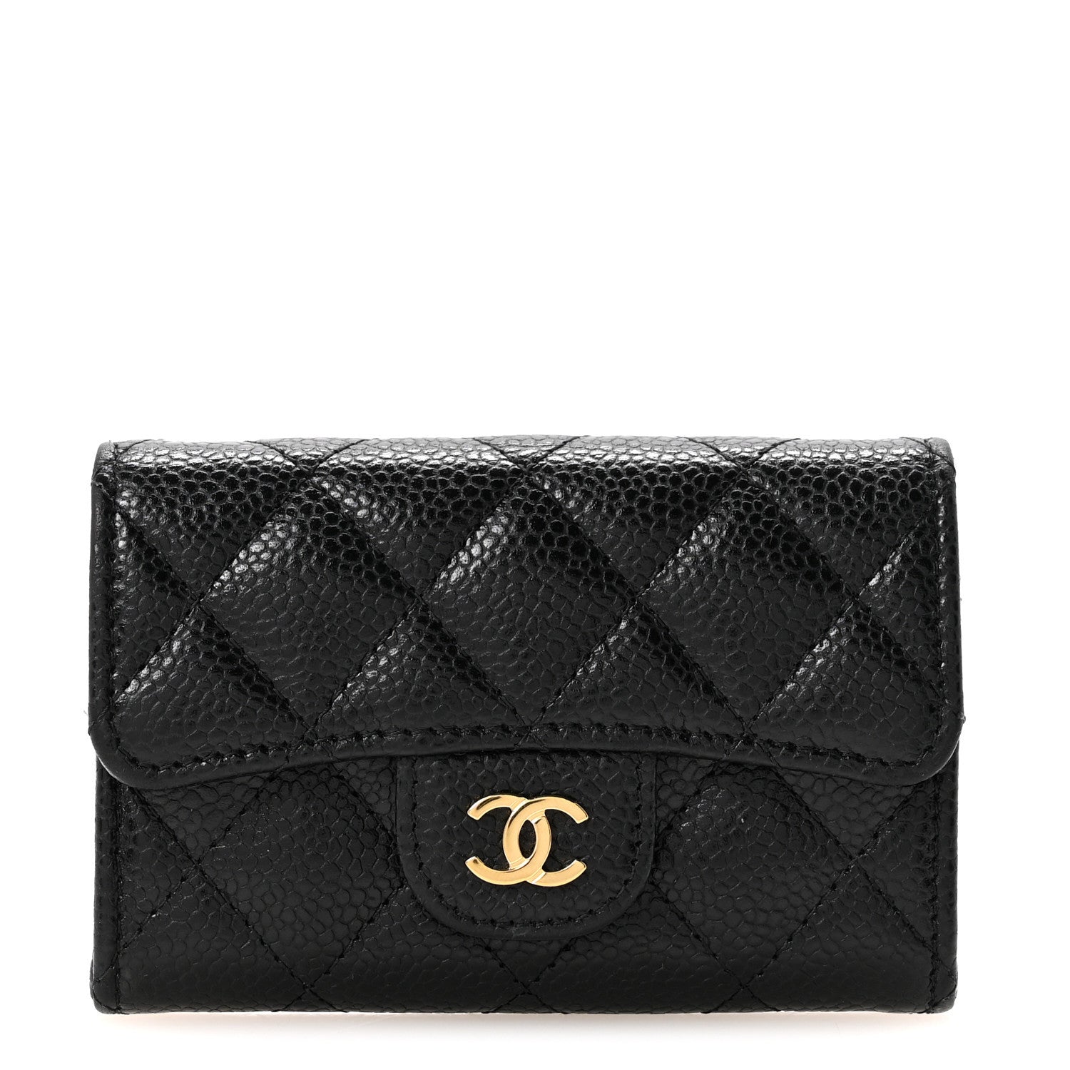 Caviar Quilted Flap Card Holder Wallet Black