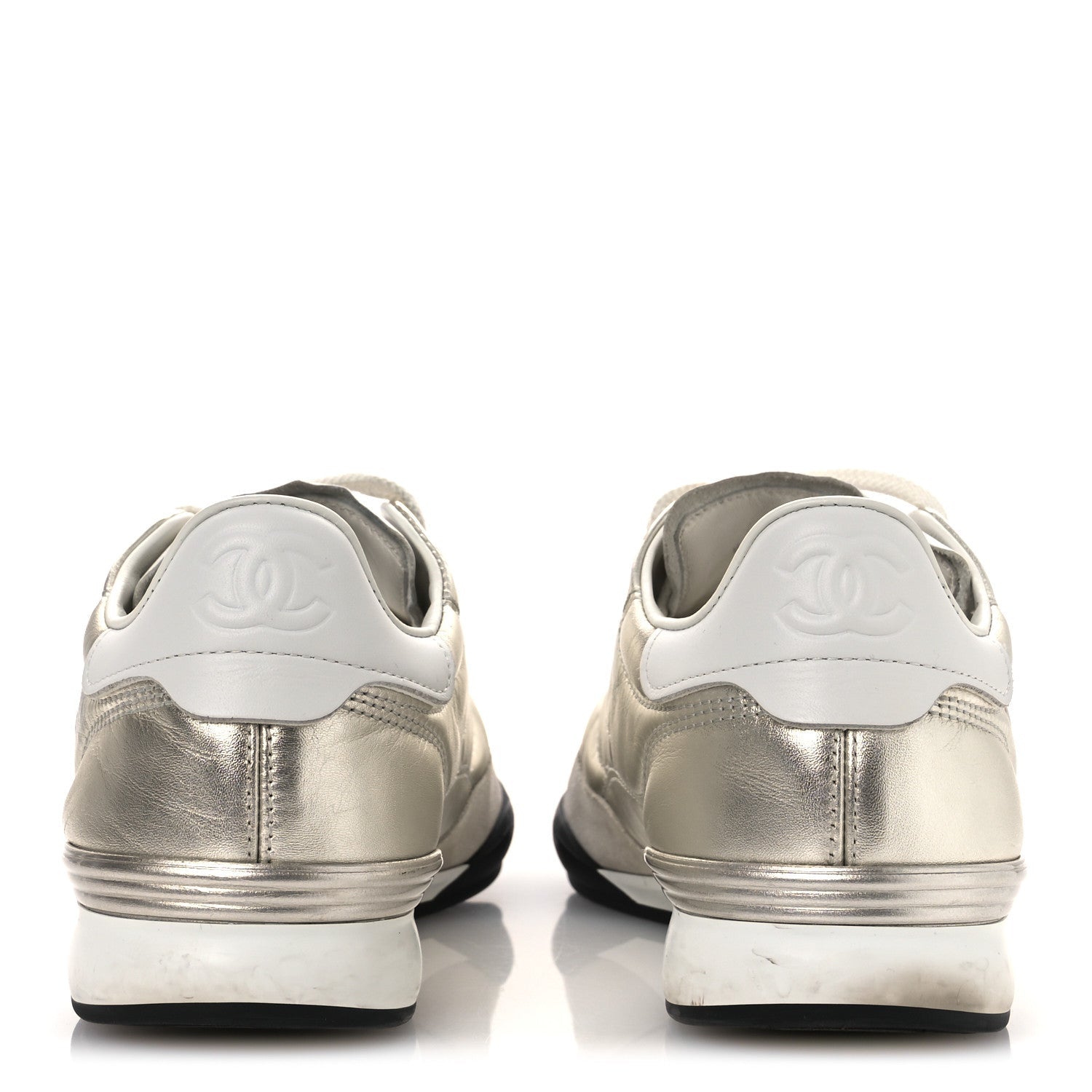 Laminated Calfskin Suede Quilted Womens CC Sneakers 39 Silver White