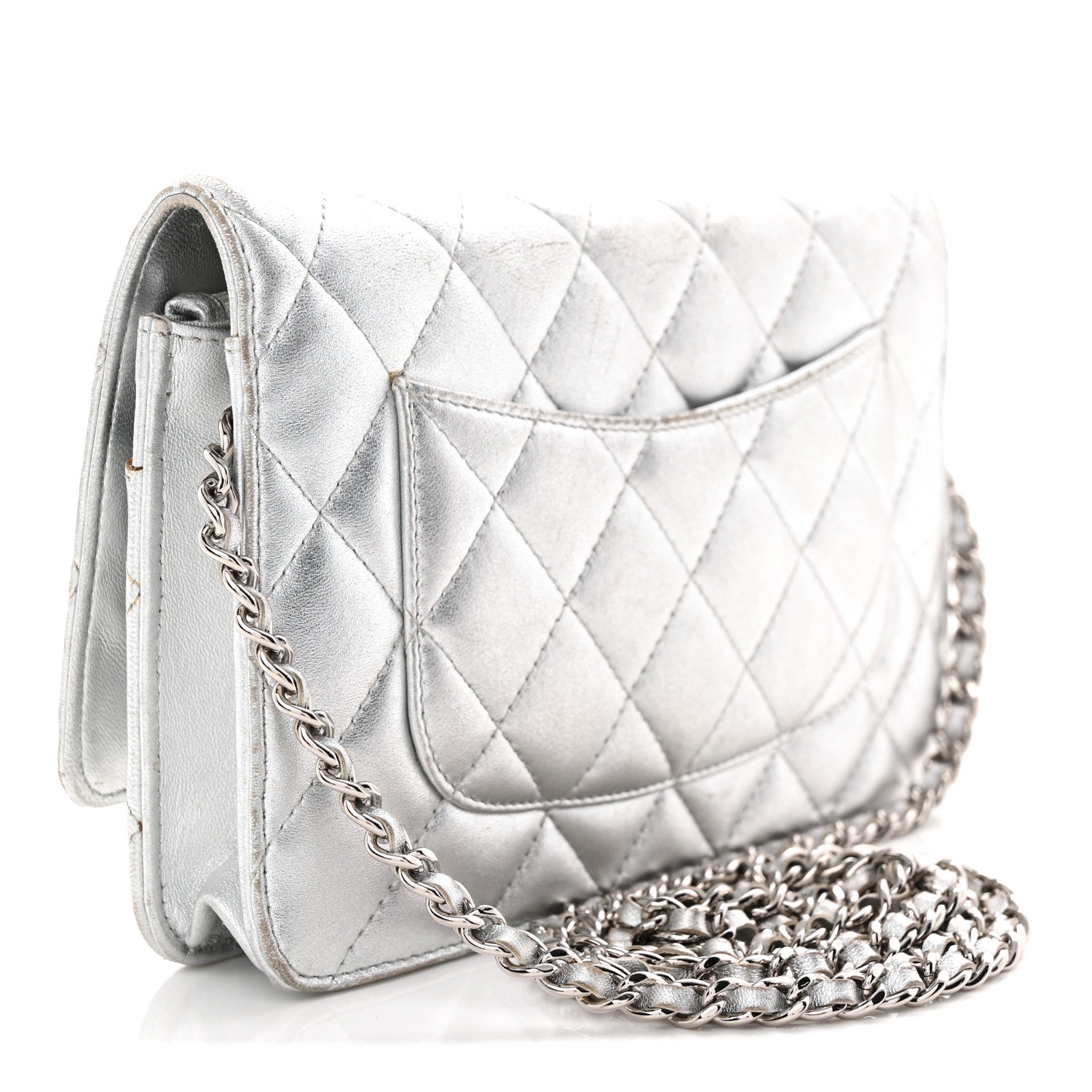 Metallic Lambskin Quilted Wallet On Chain WOC Silver