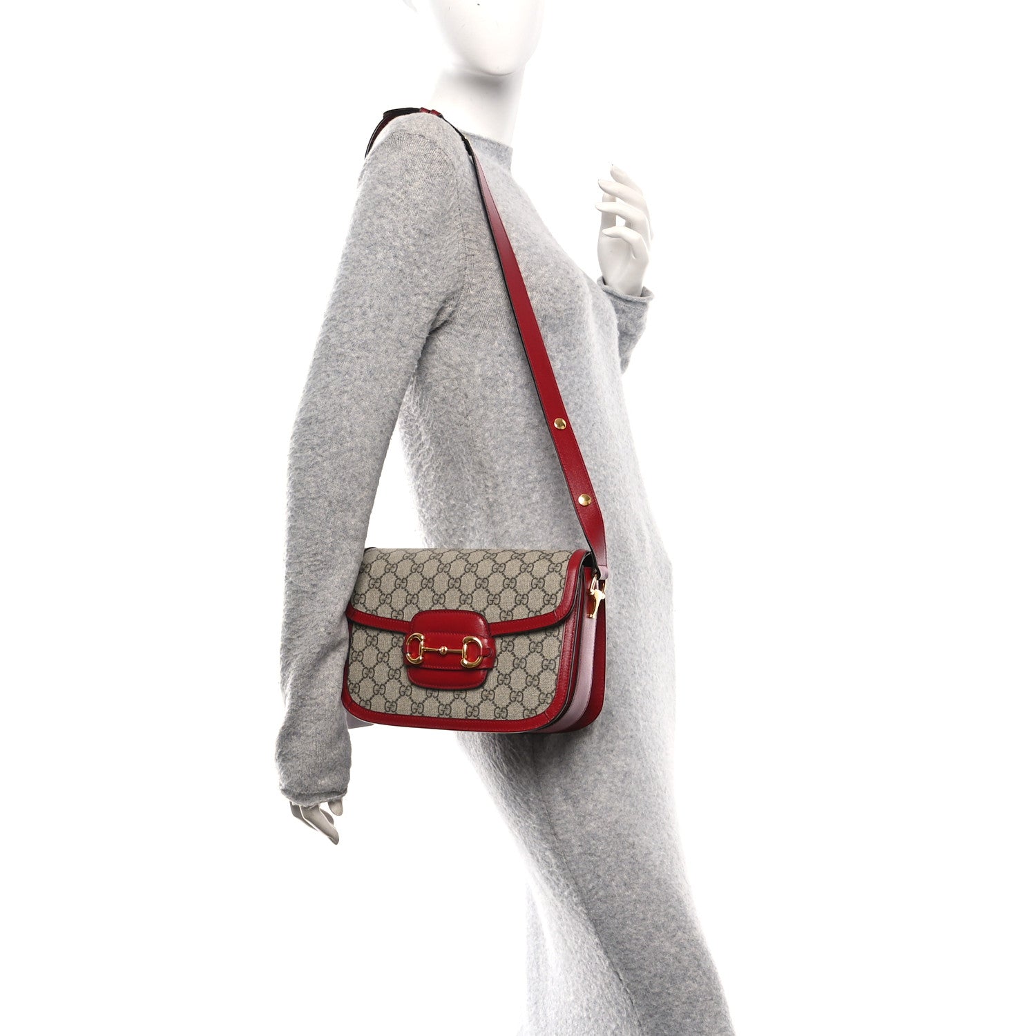 GG Supreme Monogram Azalea Calfskin Horsebit 1955 Shoulder Bag Beige Ebony New Cherry Red