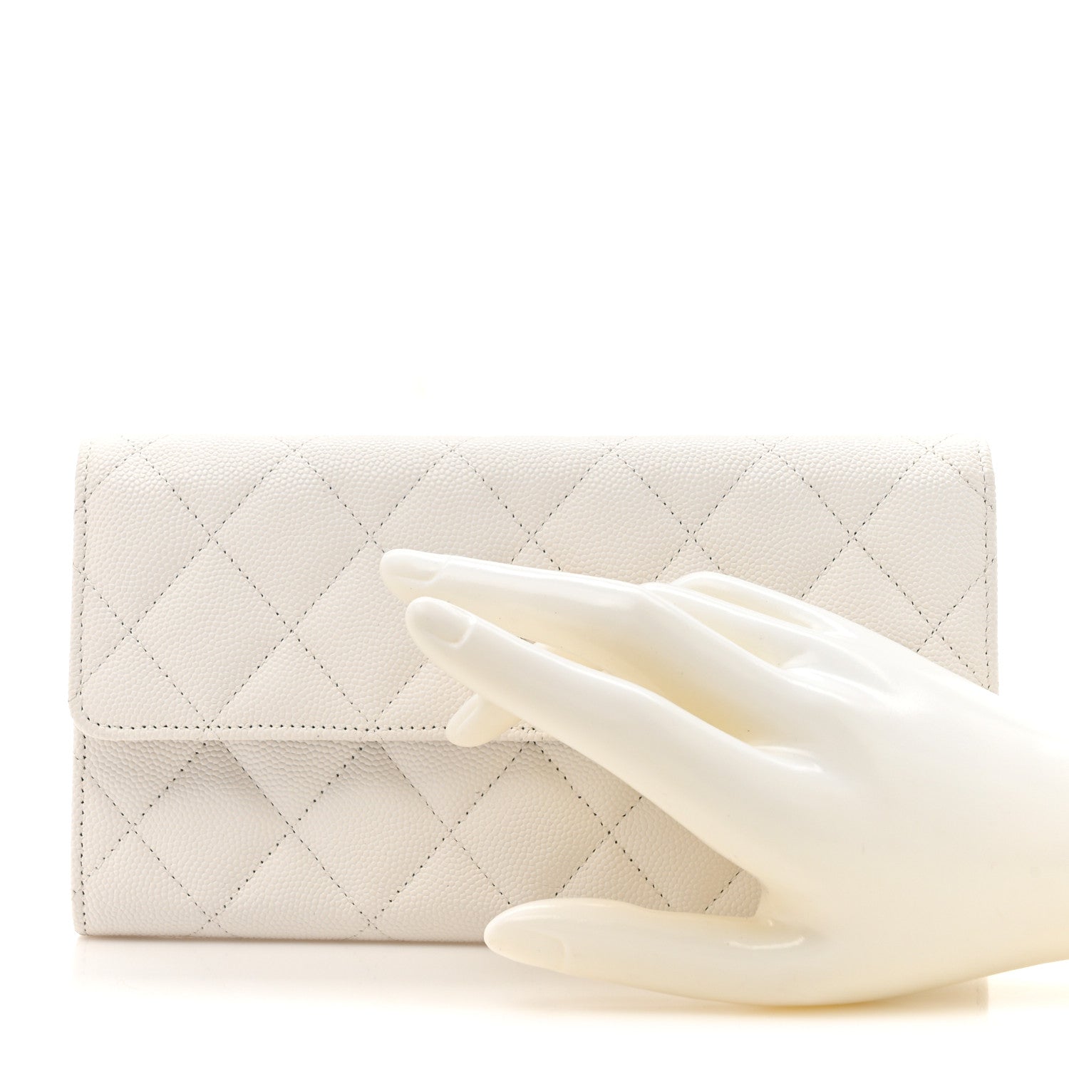 Caviar Quilted Striated CC Large Gusset Flap Wallet White