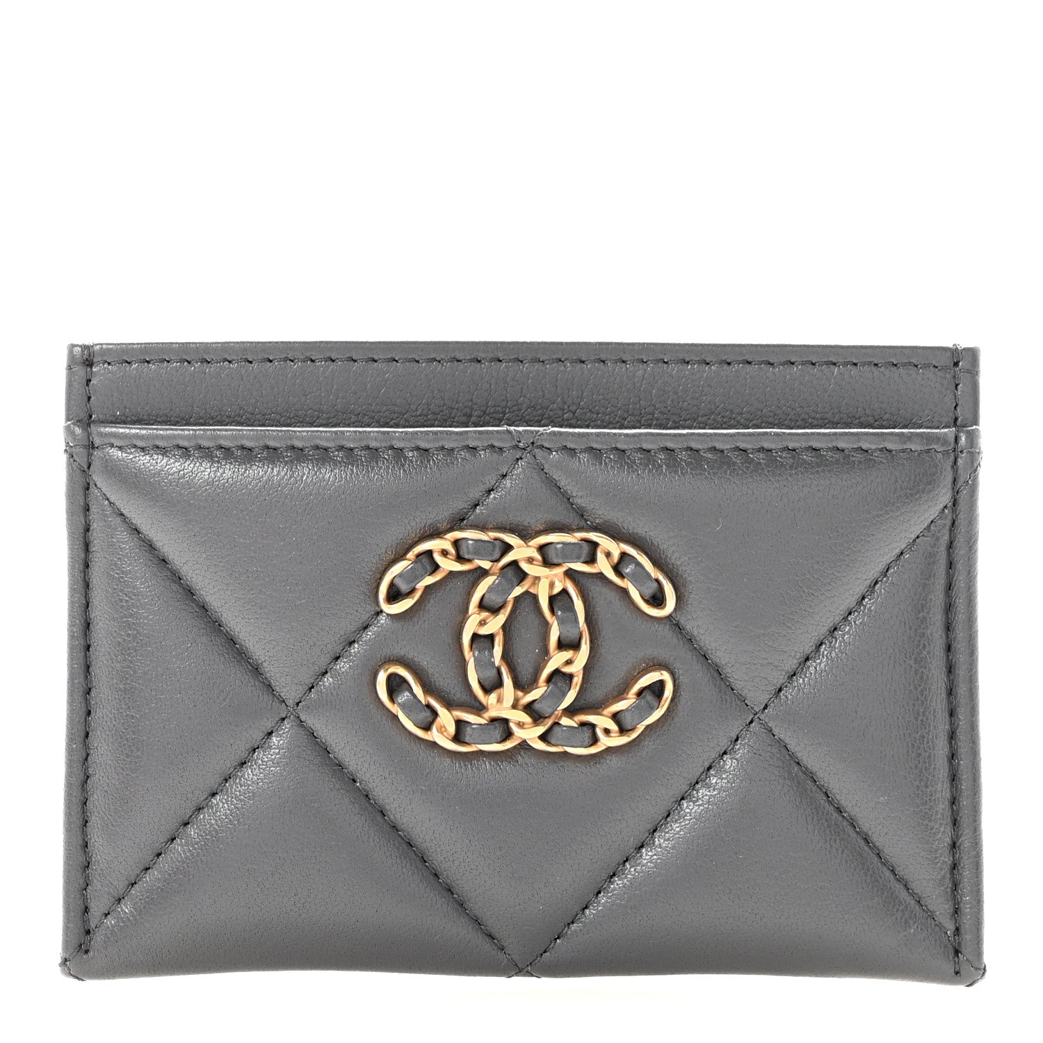 Shiny Goatskin Quilted Chanel 19 Card Holder Dark Grey