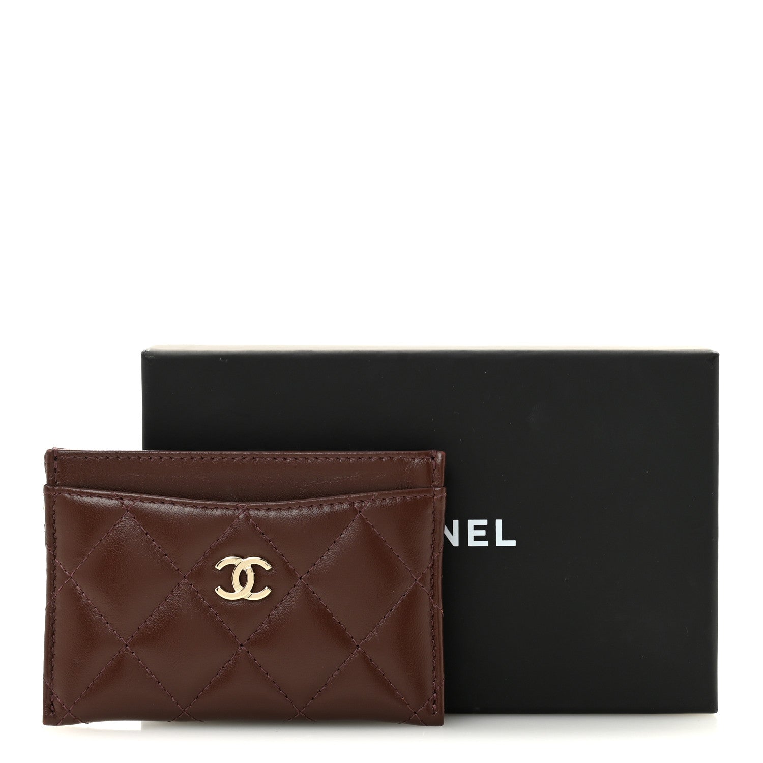 Lambskin Quilted Card Holder Dark Brown