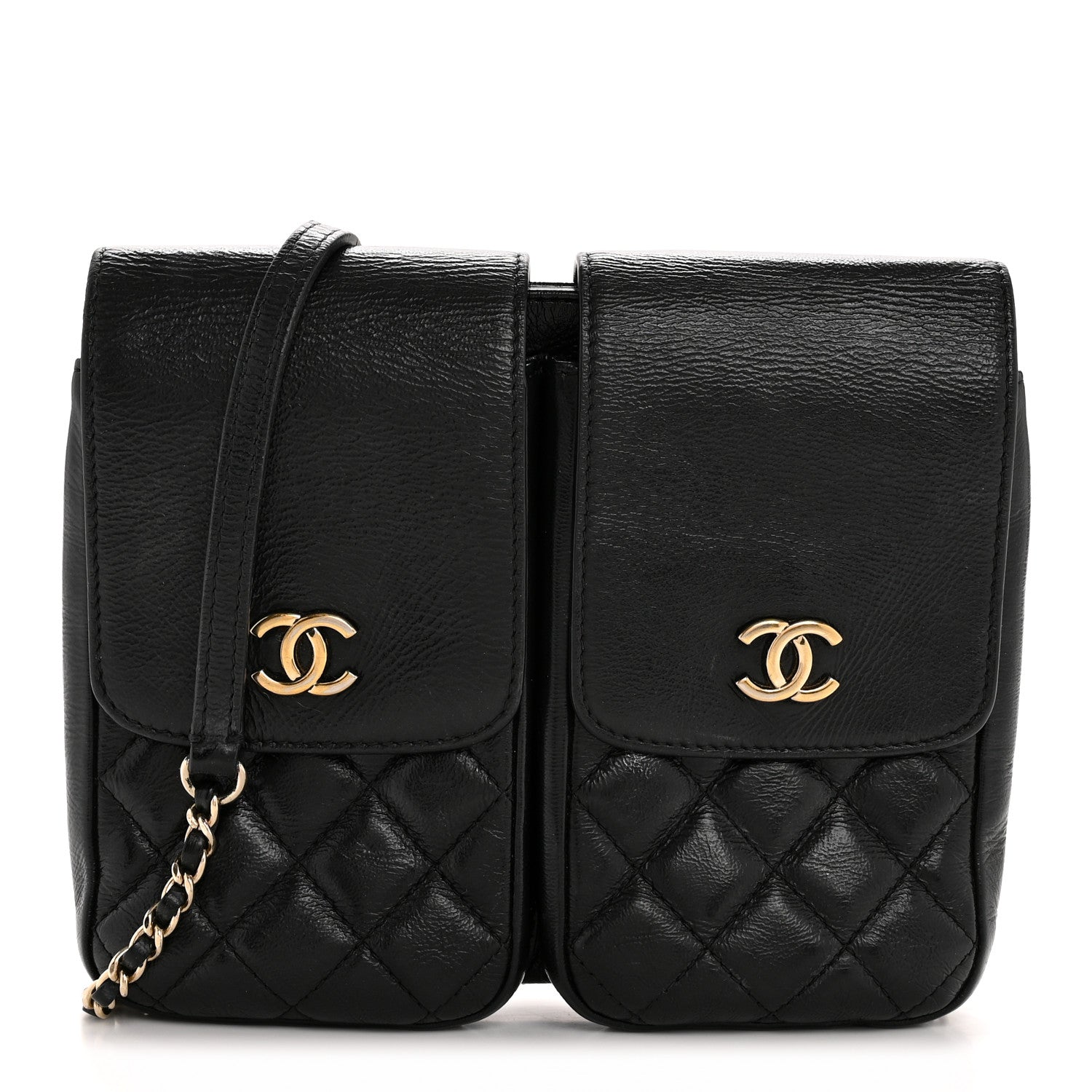 Glazed Calfskin Quilted Double Pocket Crossbody Flap Black
