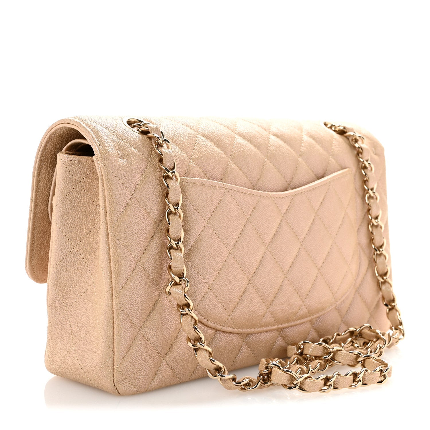Iridescent Caviar Quilted Medium Double Flap Beige