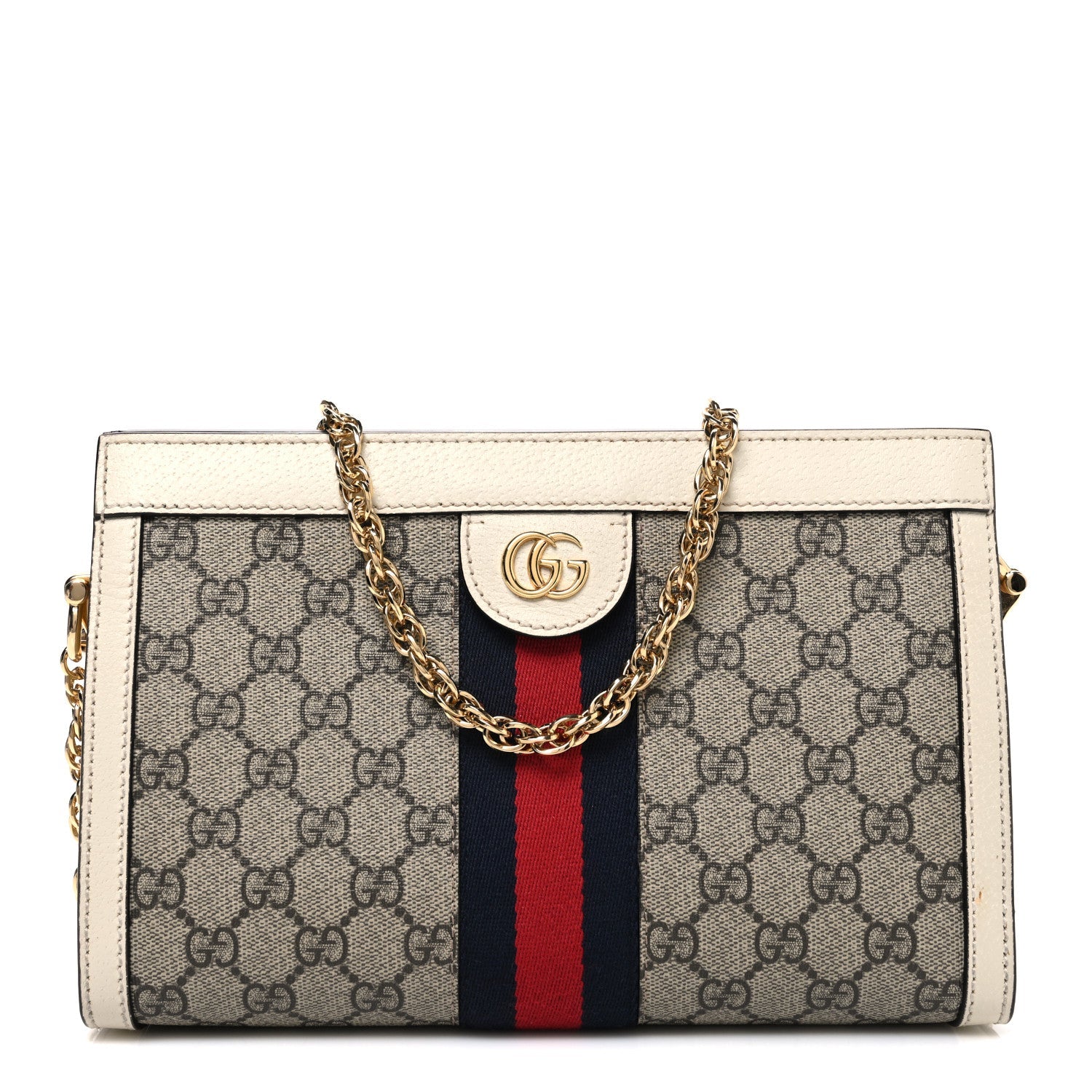 GG Supreme Monogram Textured Calfskin Web Small Ophidia Chain Shoulder Bag Beige Ebony Mystic White
