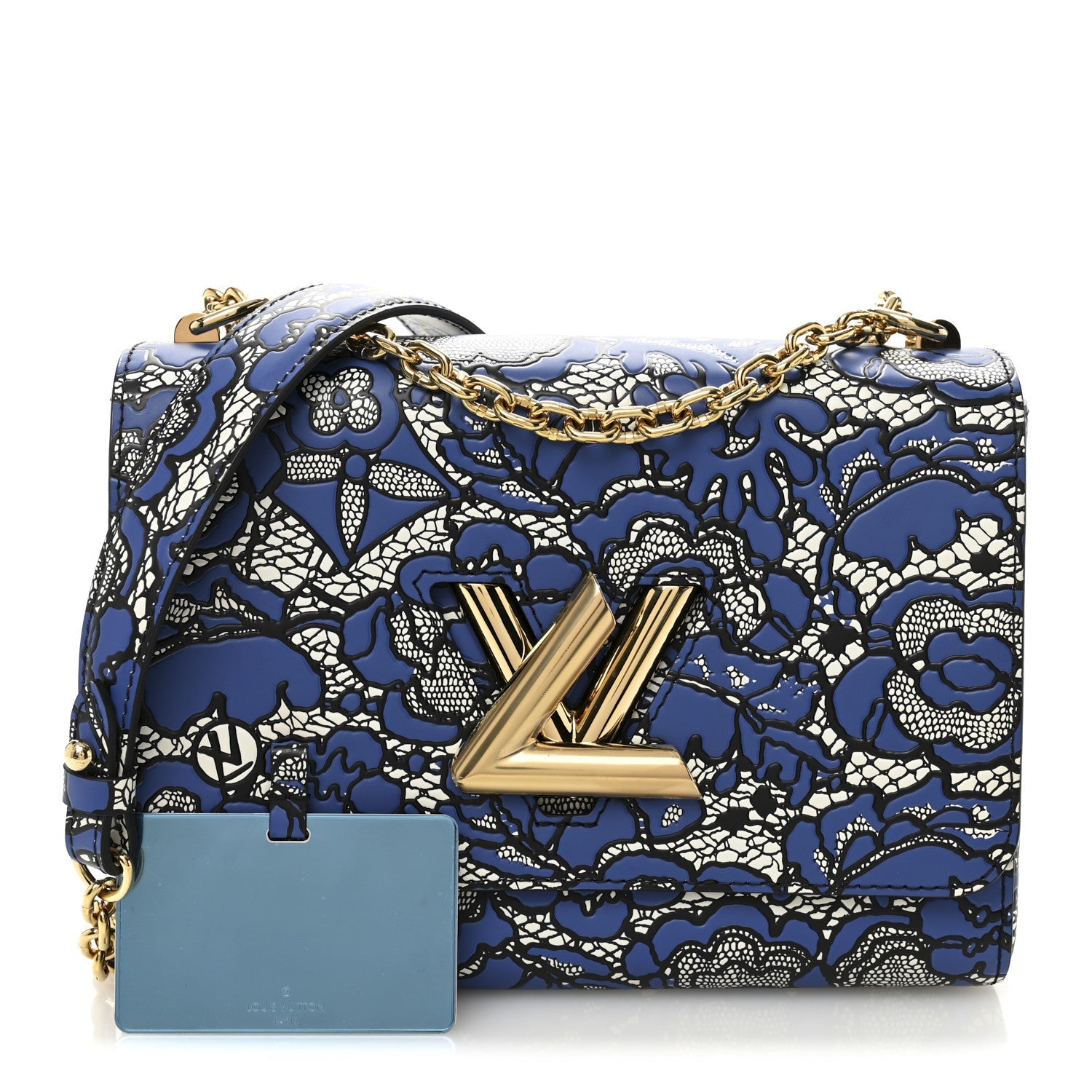 Calfskin Lace Flower Inlay Twist Shoulder Bag MM Navy Black