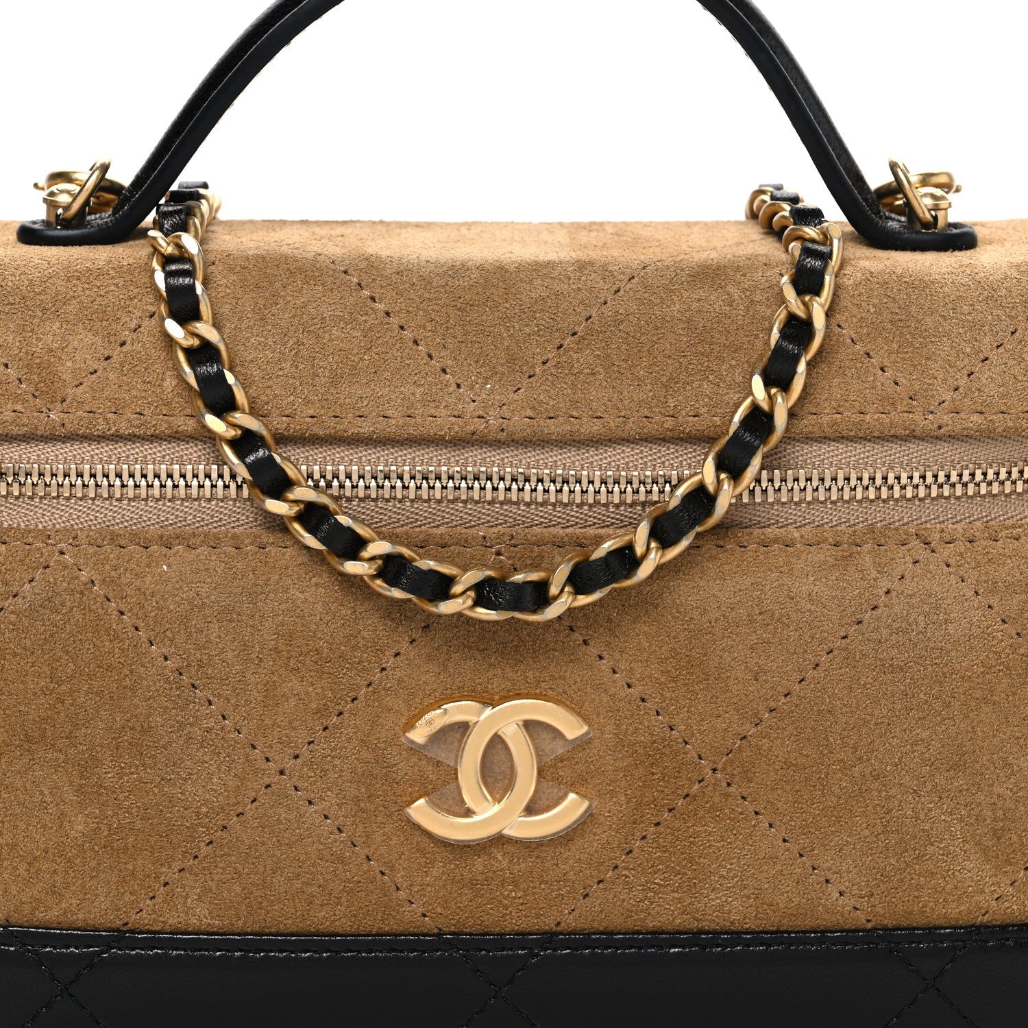 Suede Calfskin Shiny Lambskin Quilted Top Handle Slim Vanity Case With Chain Beige Black