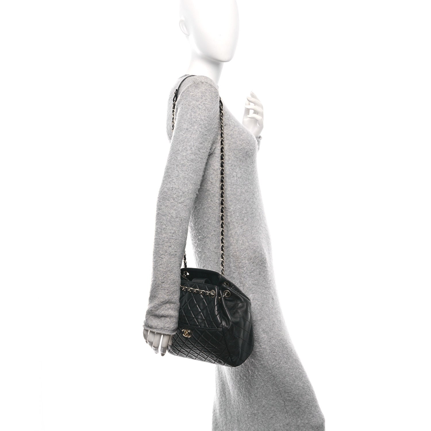 Lambskin Quilted Drawstring Bag Black