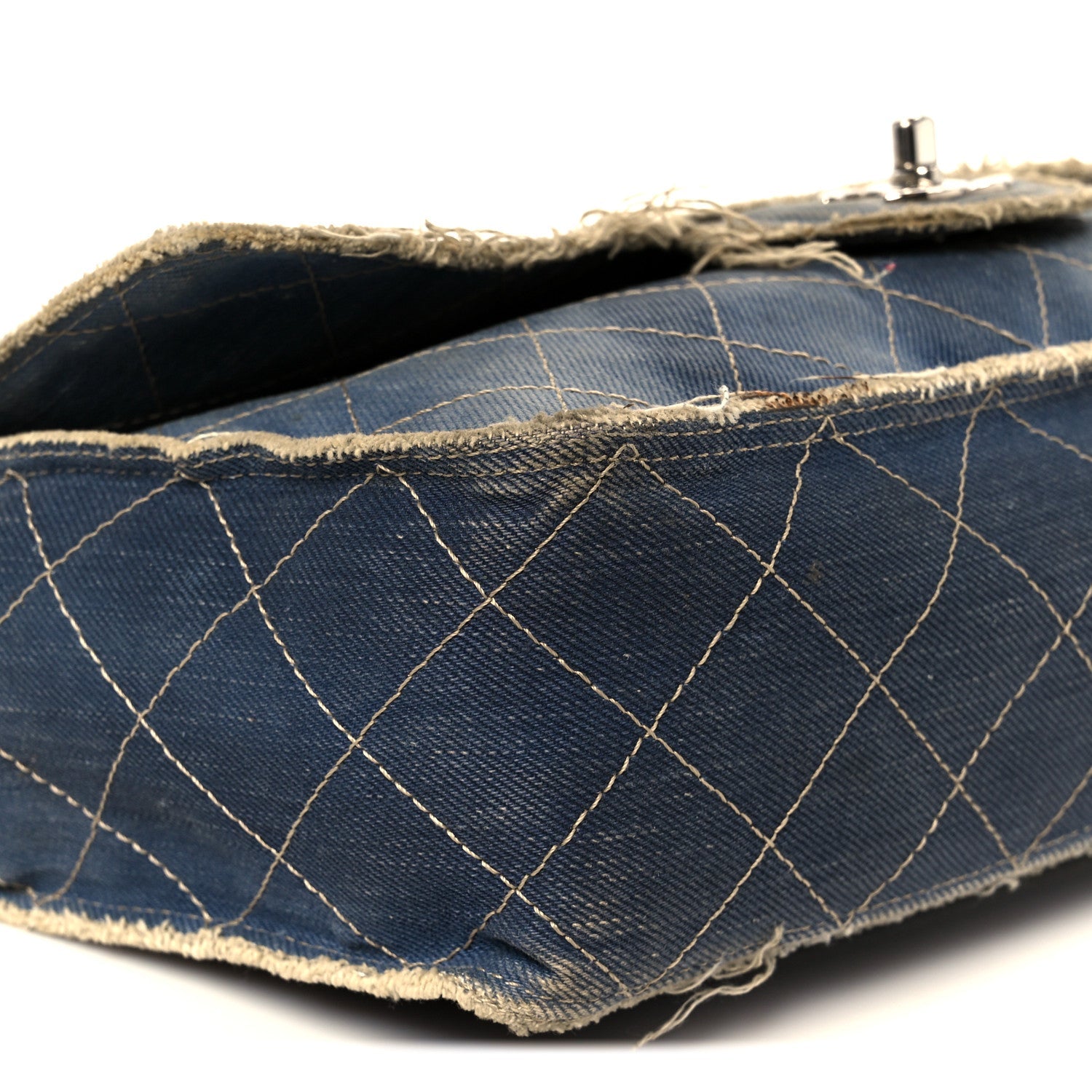 Denim Quilted Jumbo Pompom Flap Dark Blue