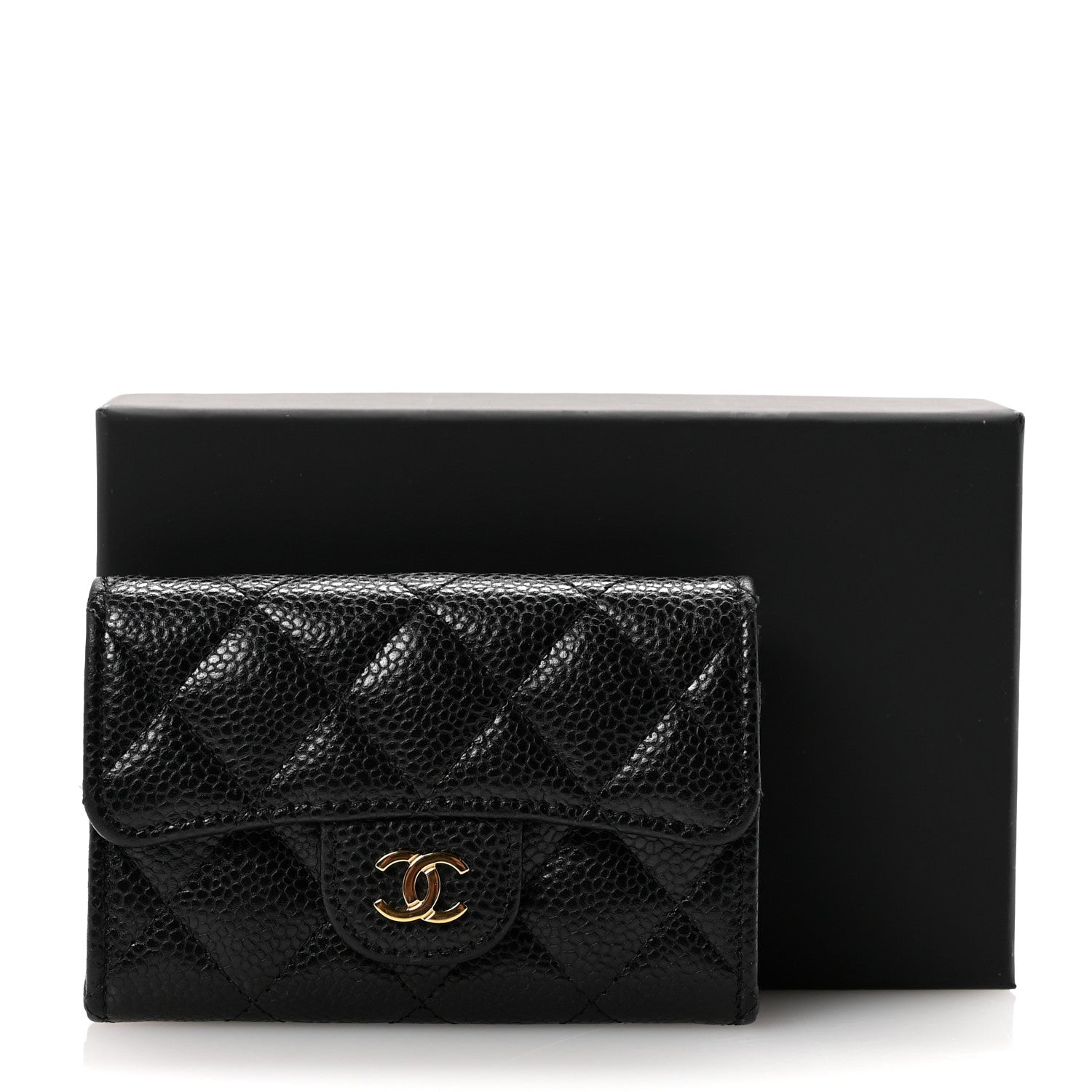 Caviar Quilted Flap Card Holder Wallet Black