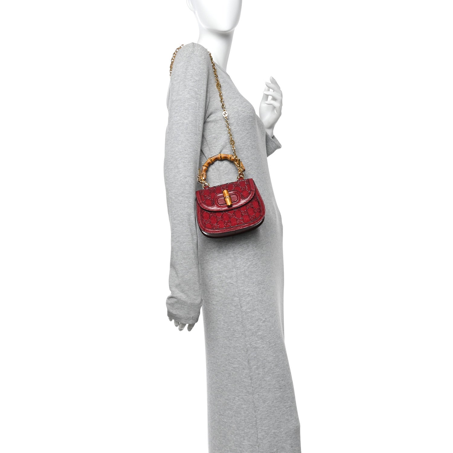 Moire Fabric Calfskin Rhinestone Monogram Monochrome Lizard Embossed Mini Bamboo 1947 Top Handle Chain Bag Red