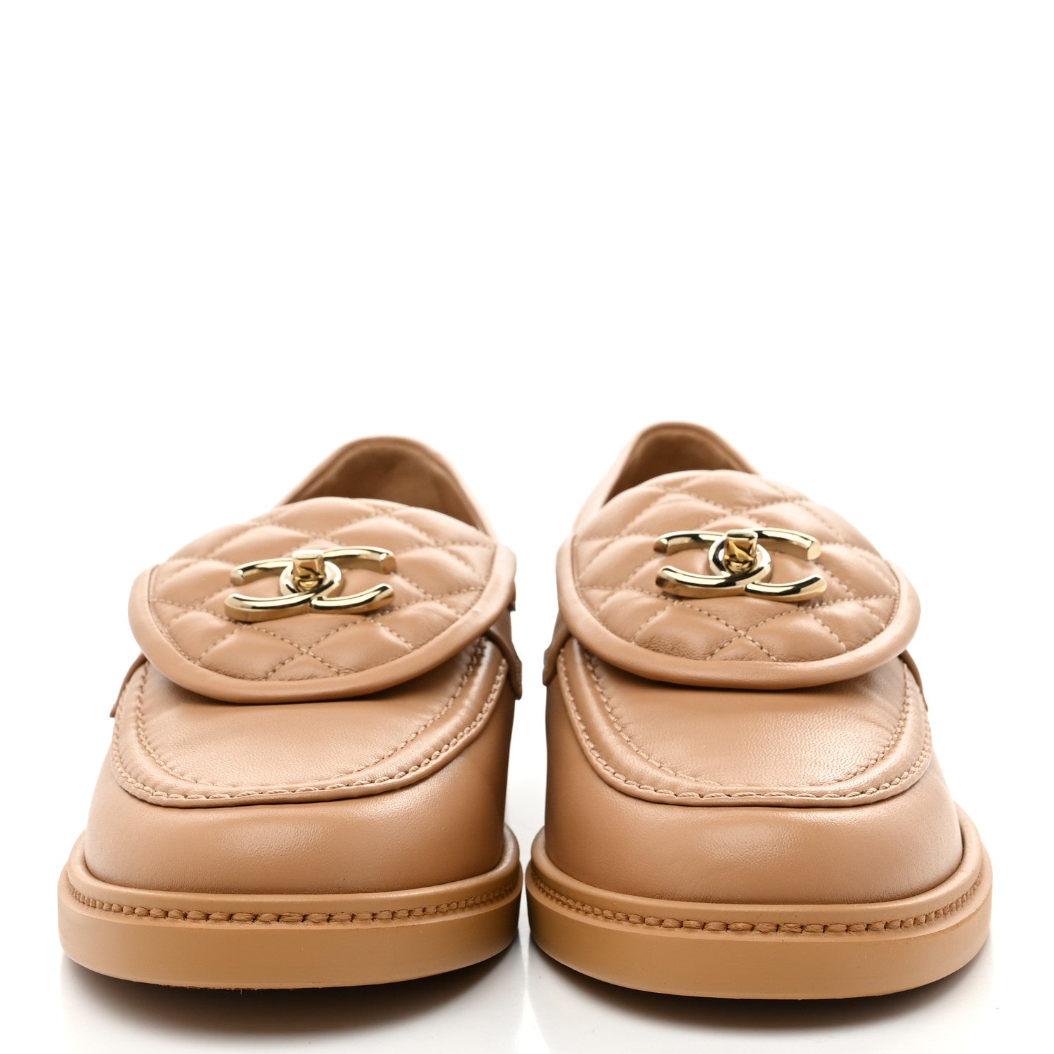 Lambskin Quilted CC Turnlock Moccasins 39.5 Beige