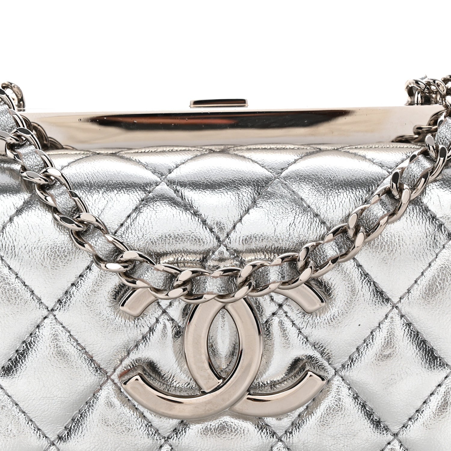 Metallic Calfskin Quilted Box Crossbody Silver