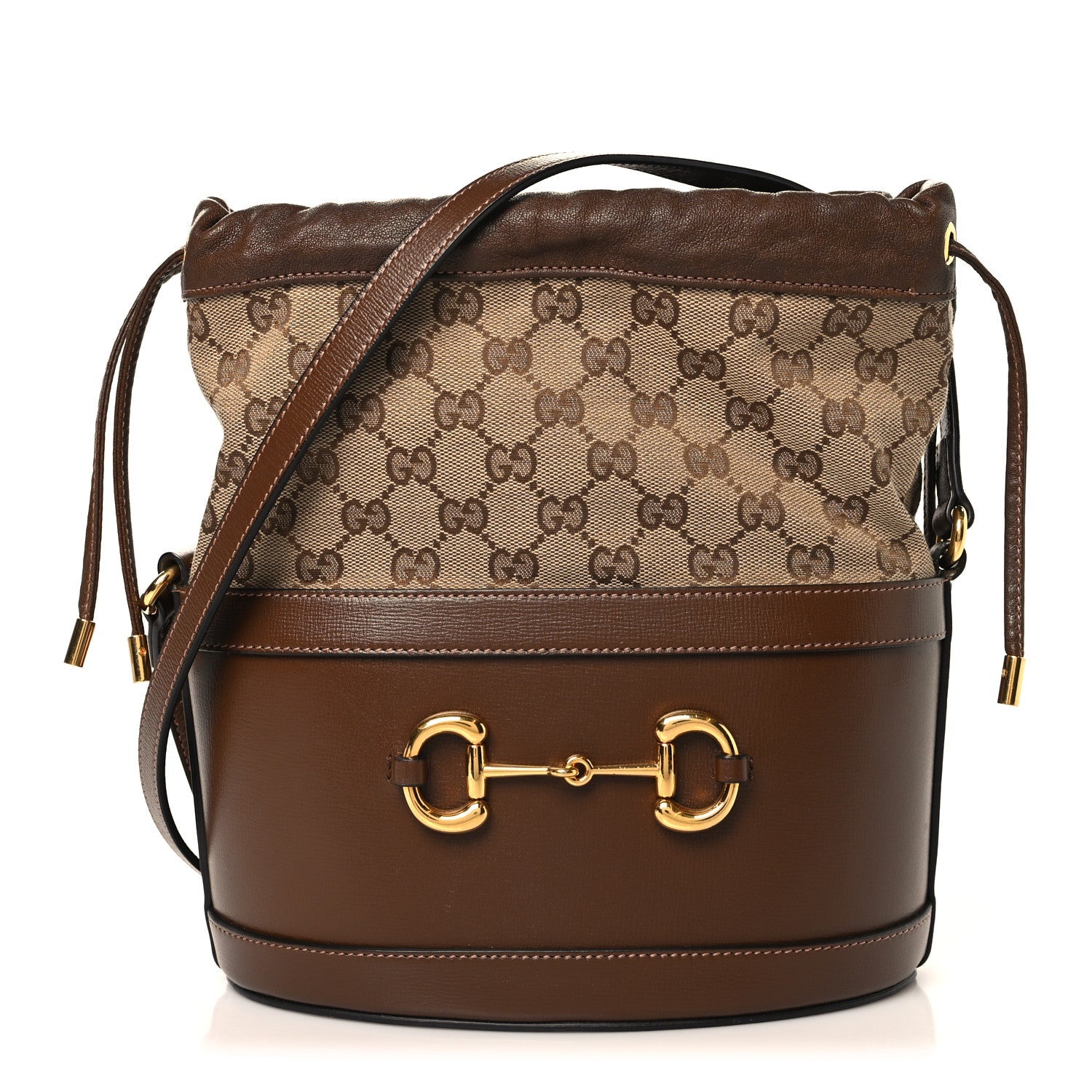 Monogram Textured Calfskin Horsebit 1955 Drawstring Bucket Bag Beige Brown Sugar