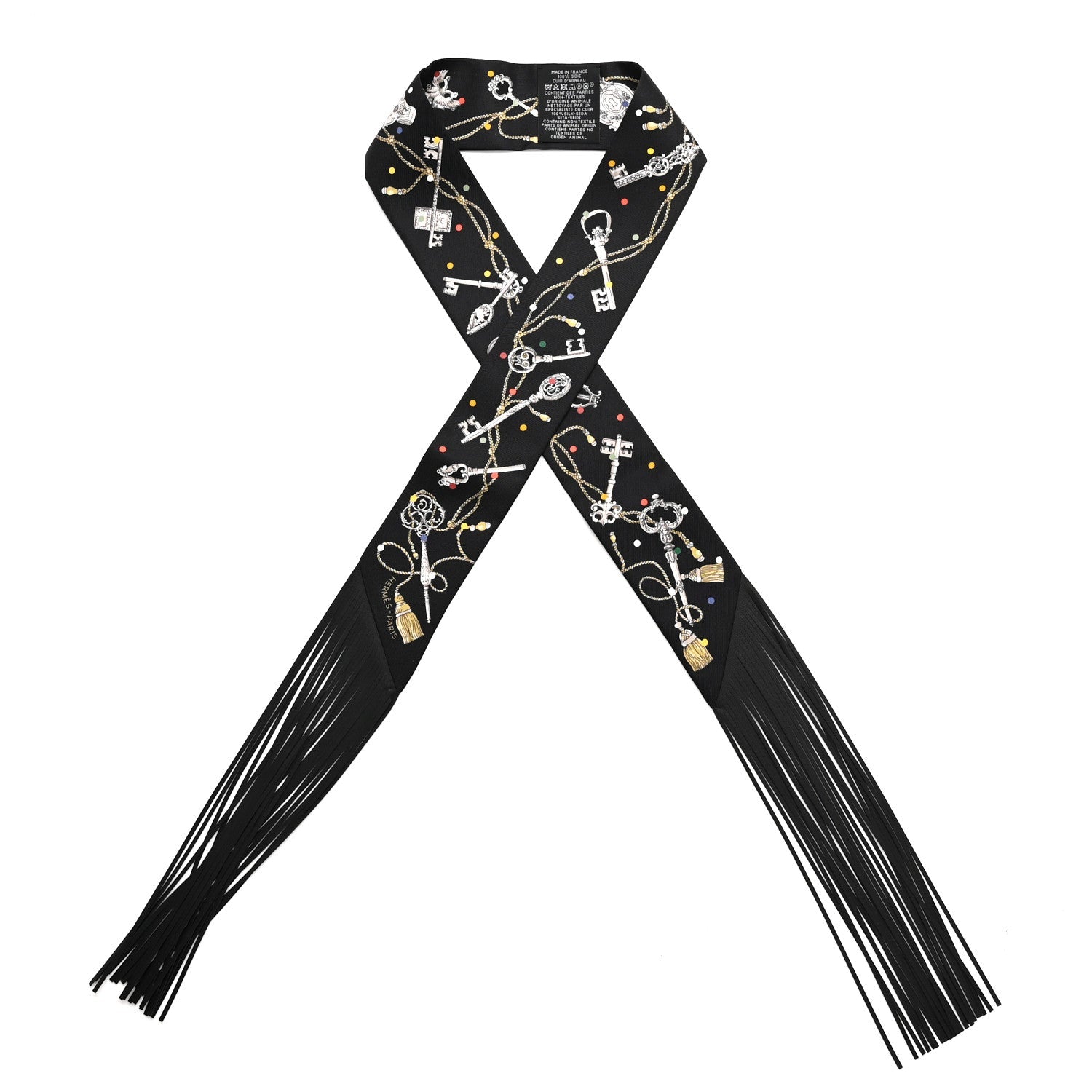 Silk Calfskin Les Cles A Pois Fringed Twilly Black Mordoré White